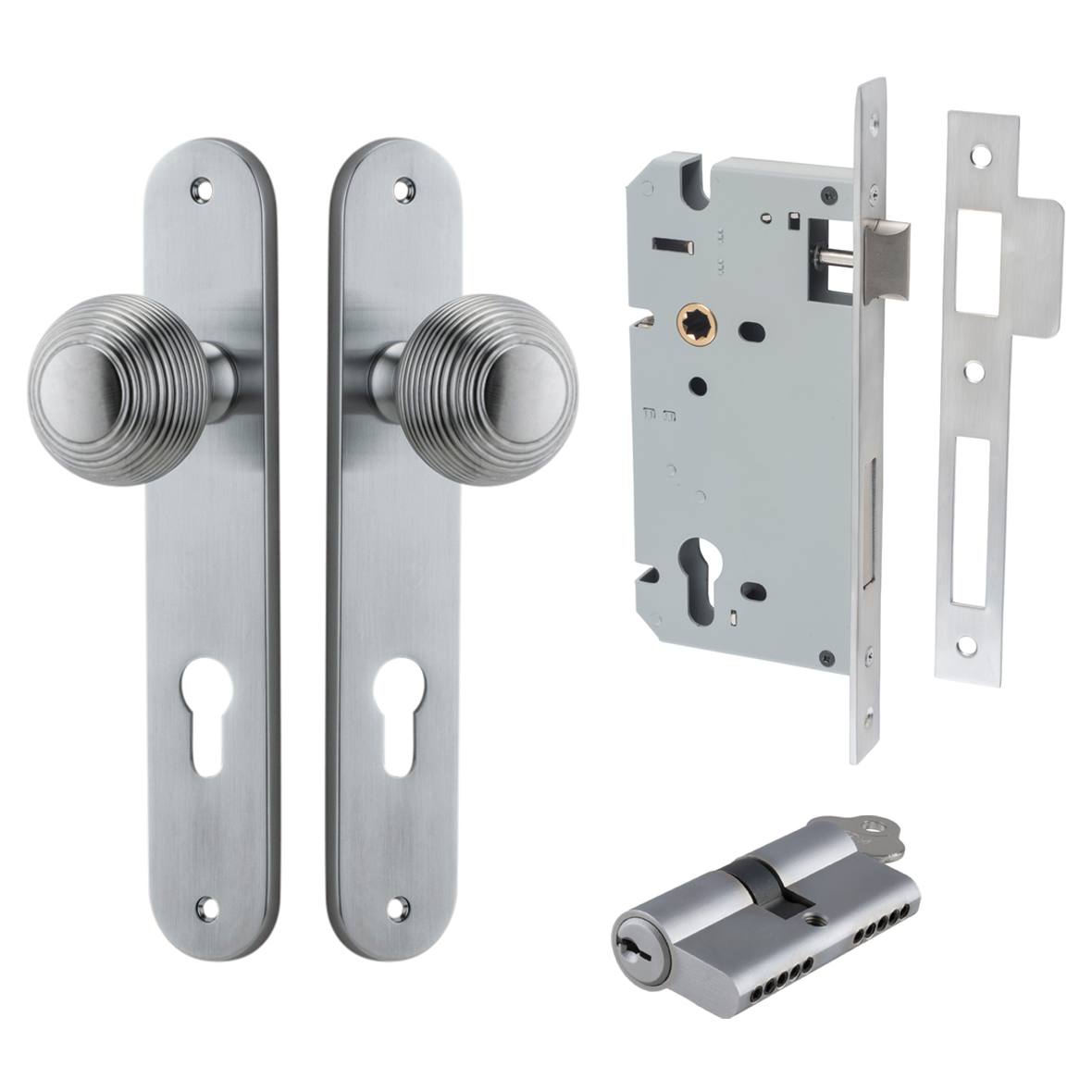Guildford Knob Oval Backplate Entrance Kit w High Security Lock Brushed Chrome
