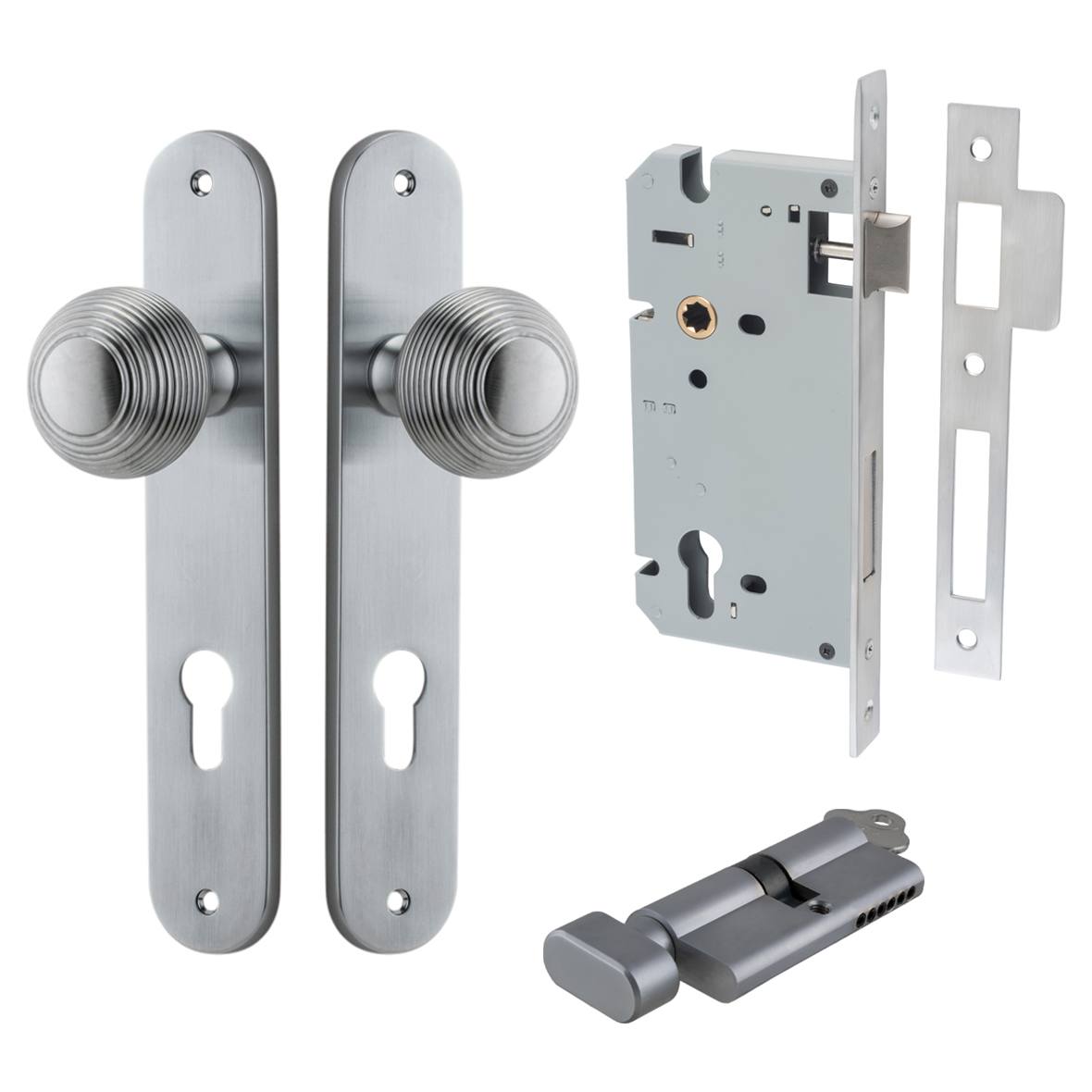 Guildford Knob Oval Backplate Entrance Kit w High Security Lock Brushed Chrome