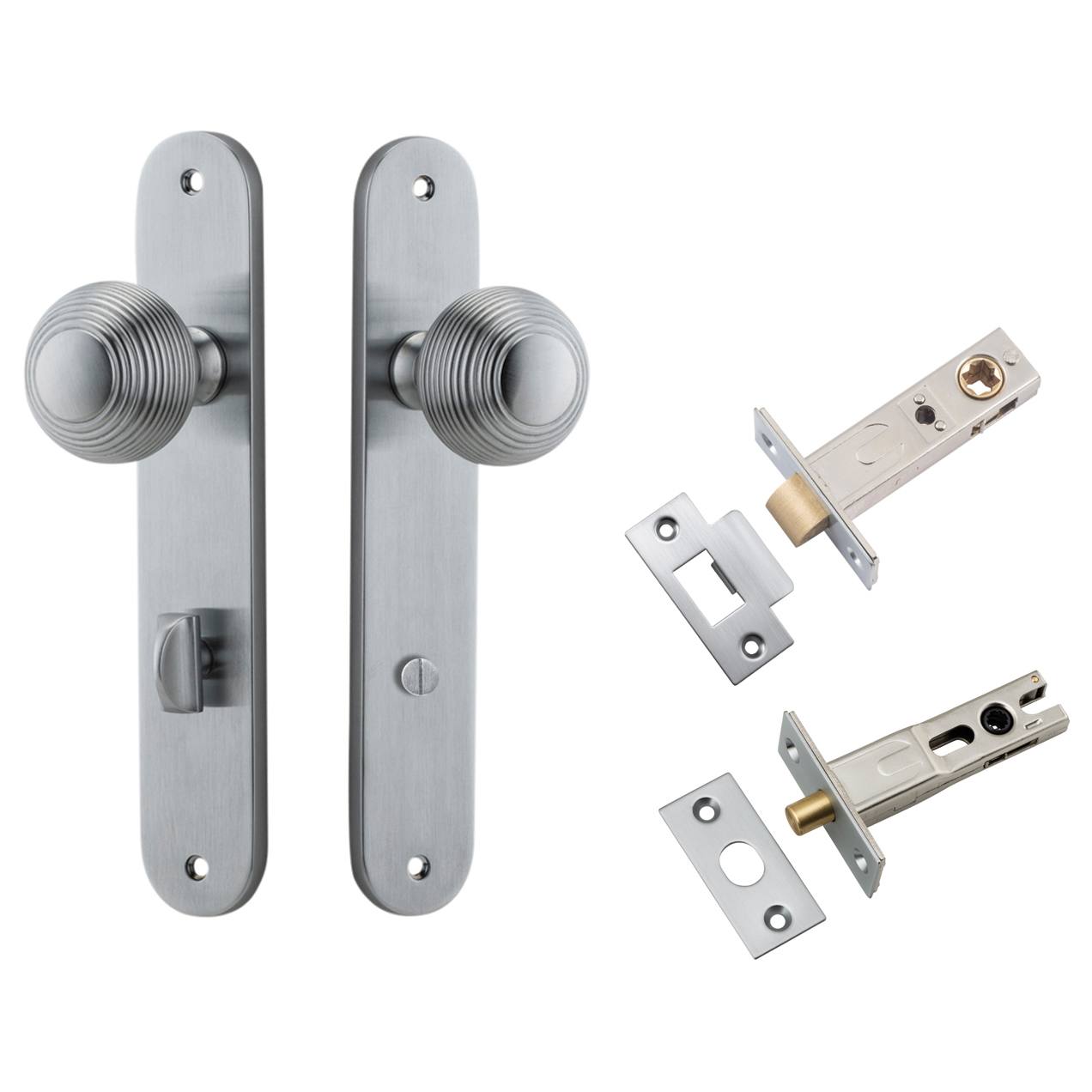 Guildford Knob Oval Backplate Privacy Kit w Privacy Turn Brushed Chrome
