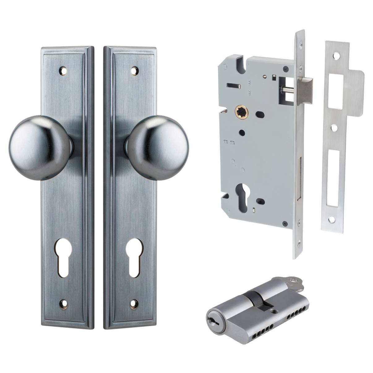 Cambridge Knob Stepped Backplate Entrance Kit w High Security Lock Brushed Chrome