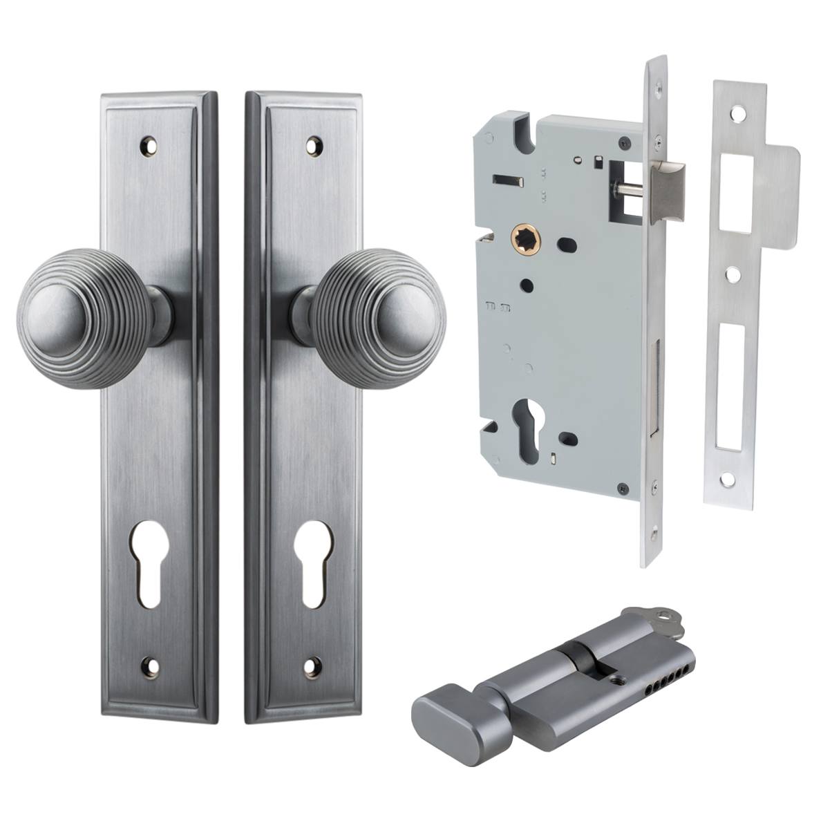 Guildford Knob Stepped Backplate Entrance Kit w High Security Lock Brushed Chrome