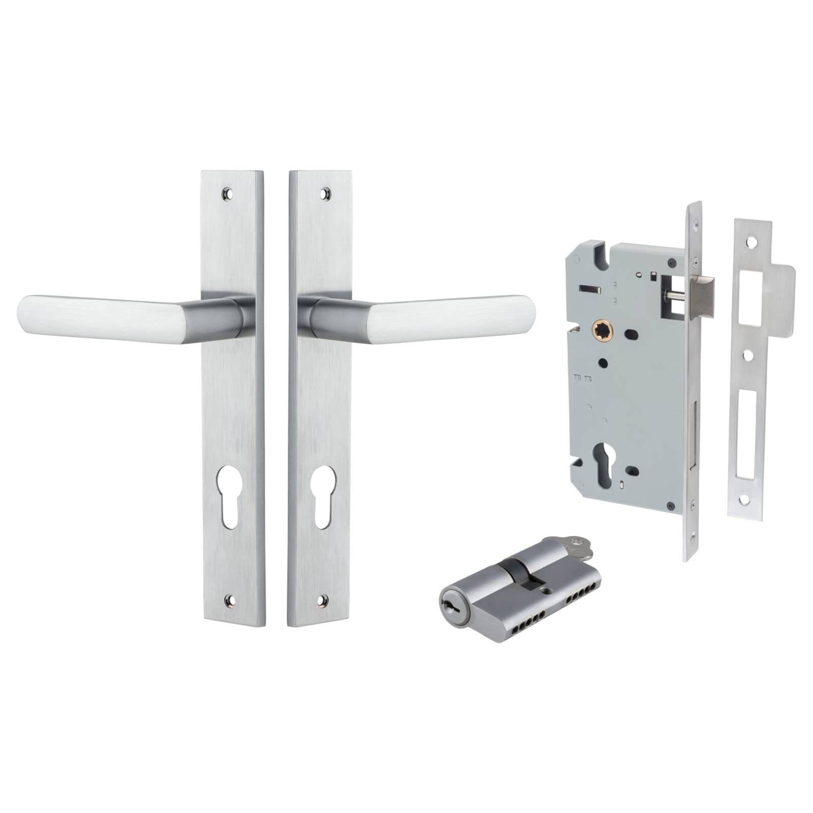 Osaka Lever Rectangular Backplate Entrance Kit w High Security Lock Brushed Chrome
