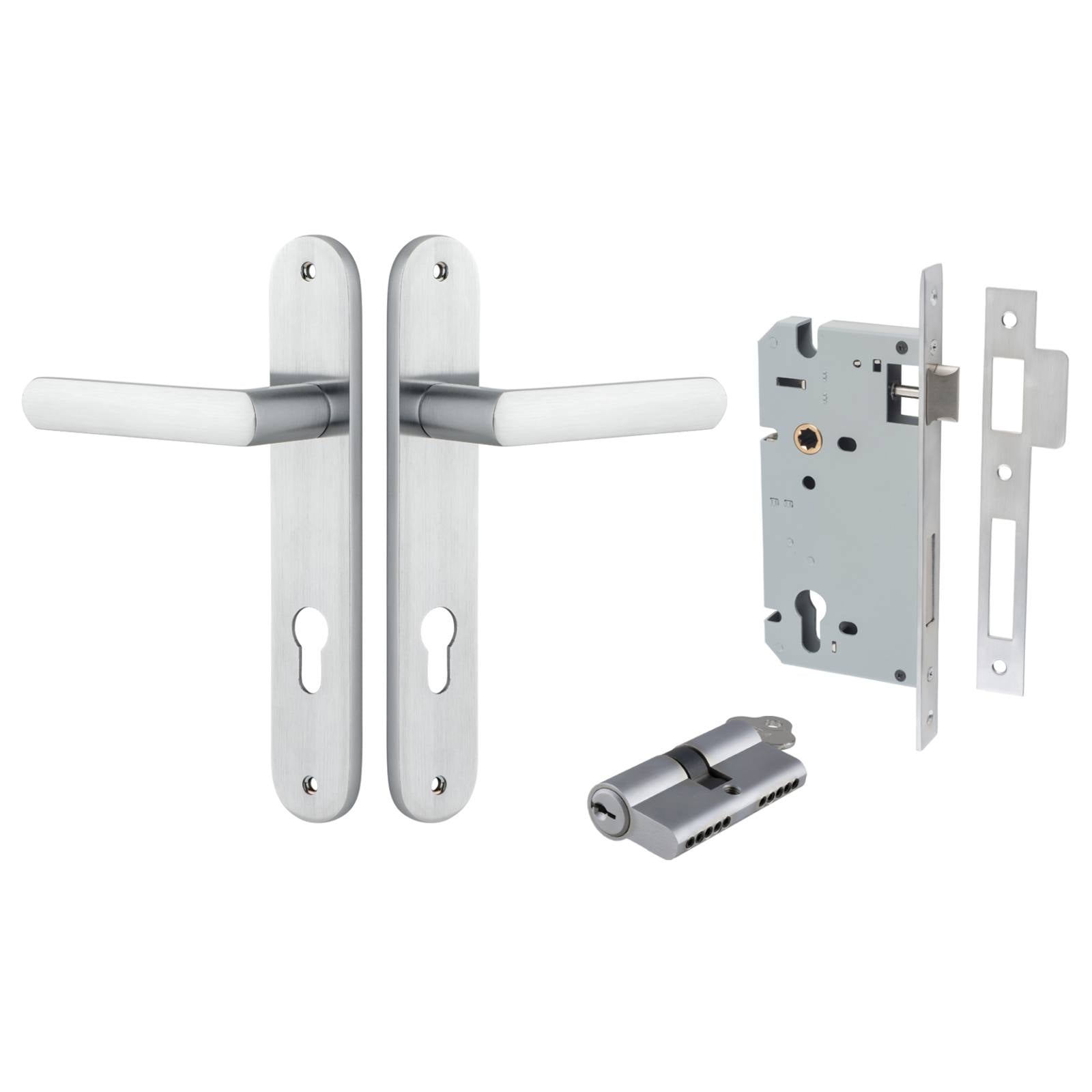 Osaka Lever Oval Backplate Entrance Kit w High Security Lock Brushed Chrome