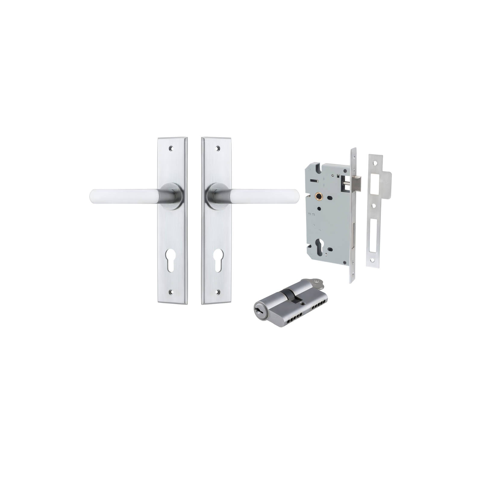 Osaka Lever Chamfered Backplate Entrance Kit w High Security Lock Brushed Chrome