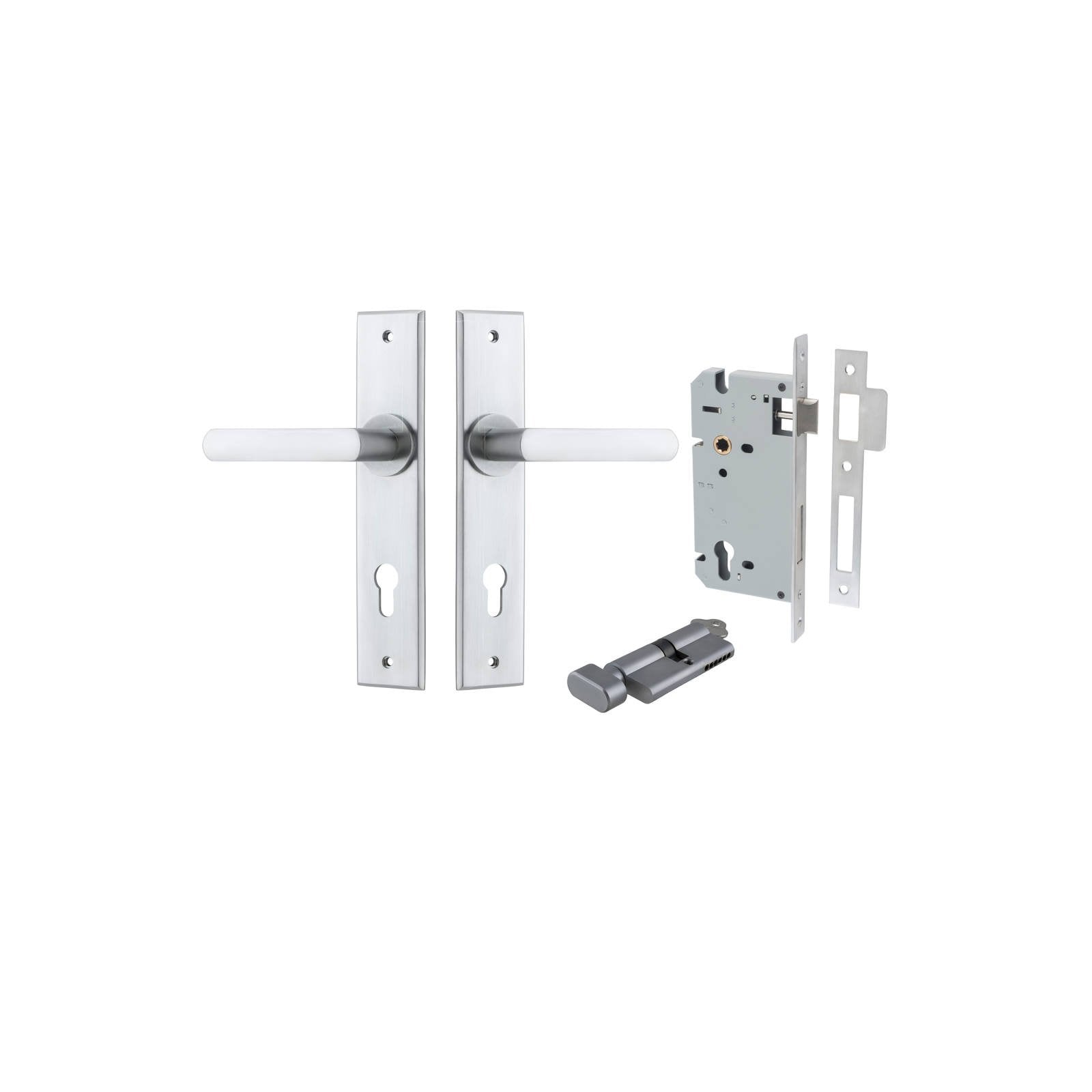 Osaka Lever Chamfered Backplate Entrance Kit w High Security Lock Brushed Chrome