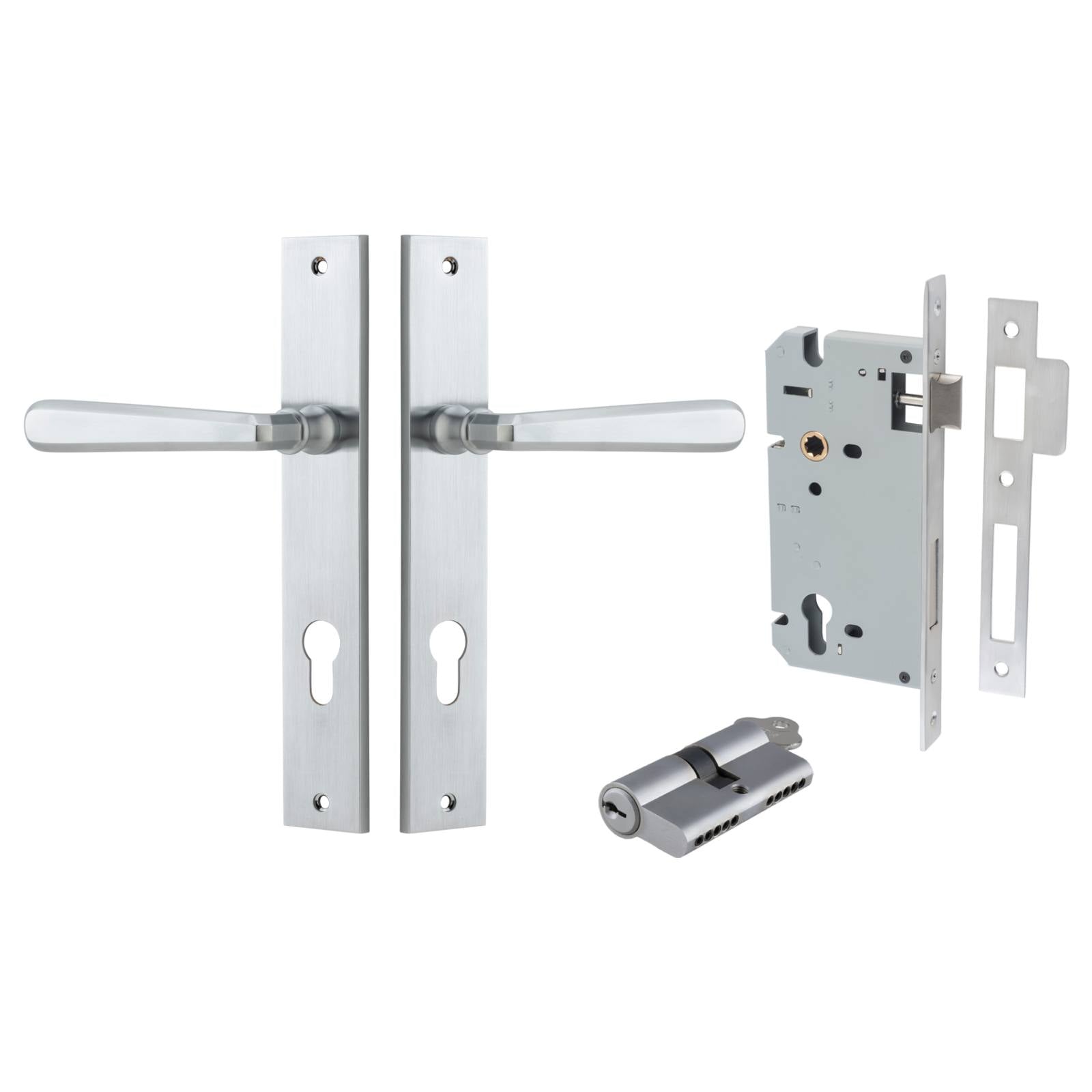 Copenhagen Lever Rectangular Backplate Entrance Kit w High Security Lock Brushed Chrome
