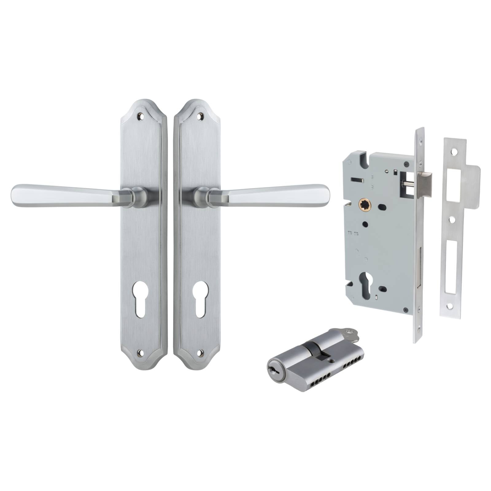 Copenhagen Lever Shouldered Backplate Entrance Kit w High Security Lock Brushed Chrome