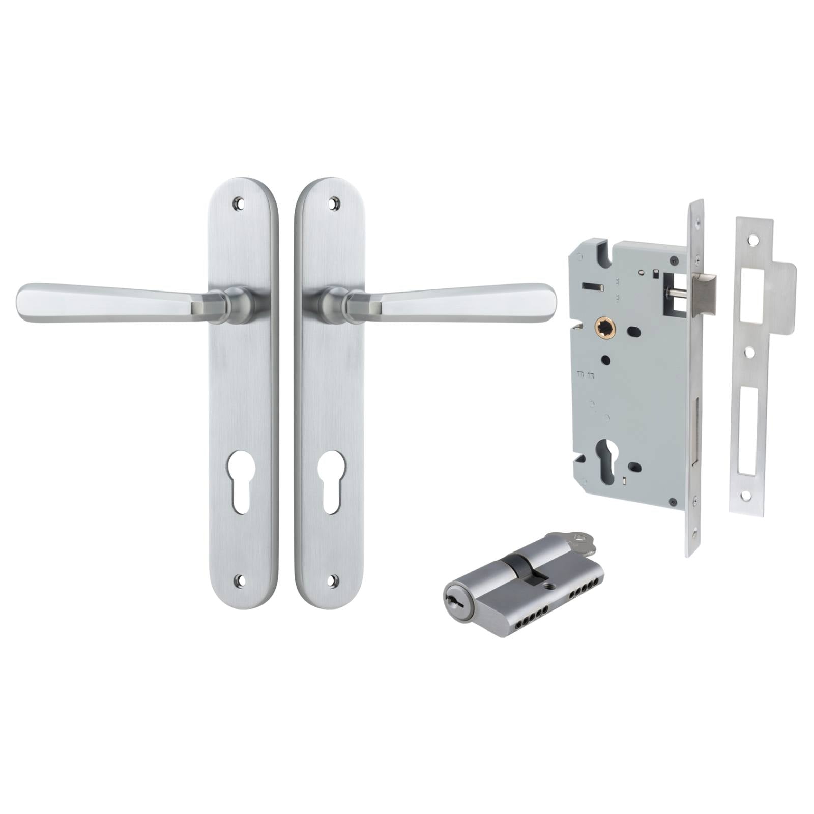 Copenhagen Lever Oval Backplate Entrance Kit w High Security Lock Brushed Chrome