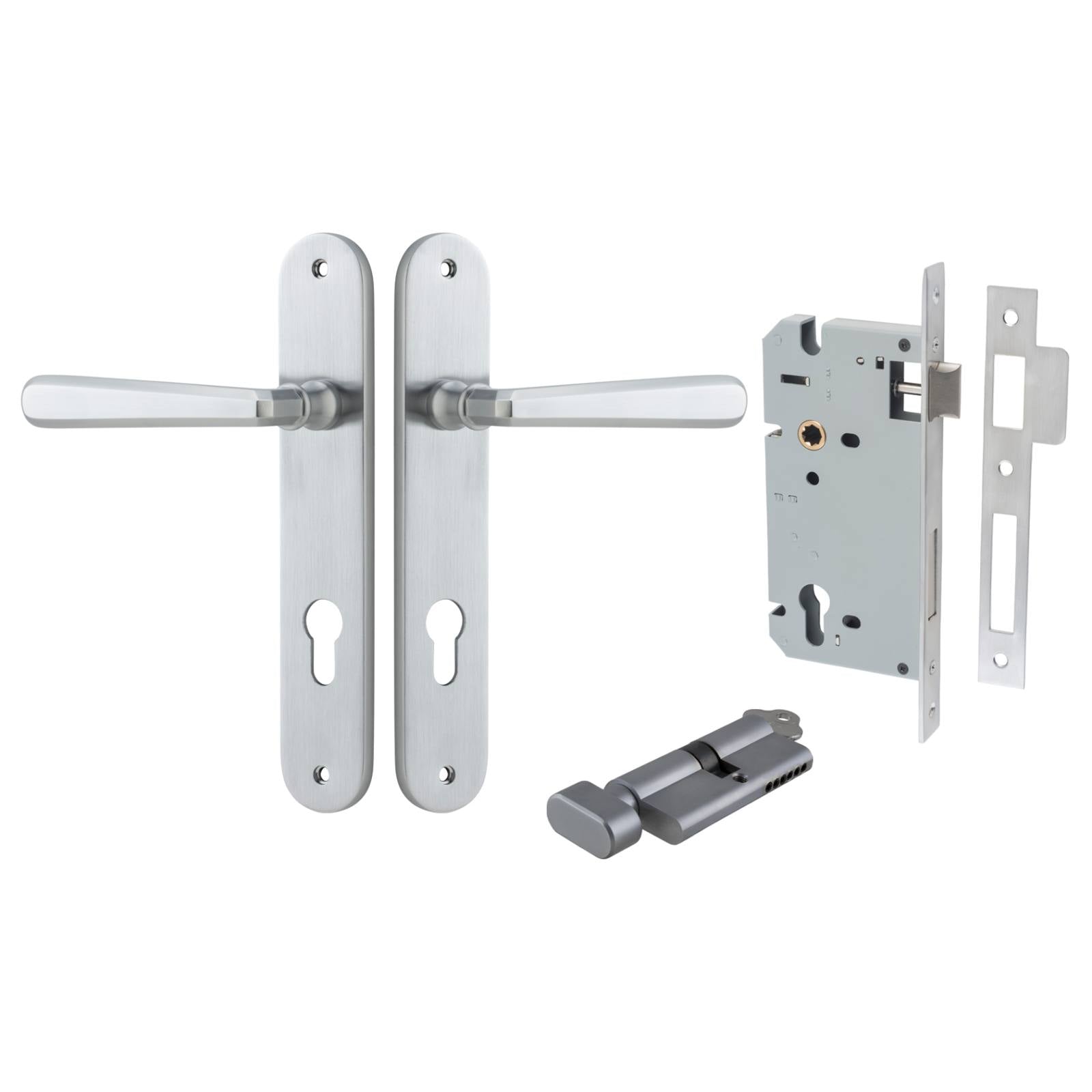 Copenhagen Lever Oval Backplate Entrance Kit w High Security Lock Brushed Chrome