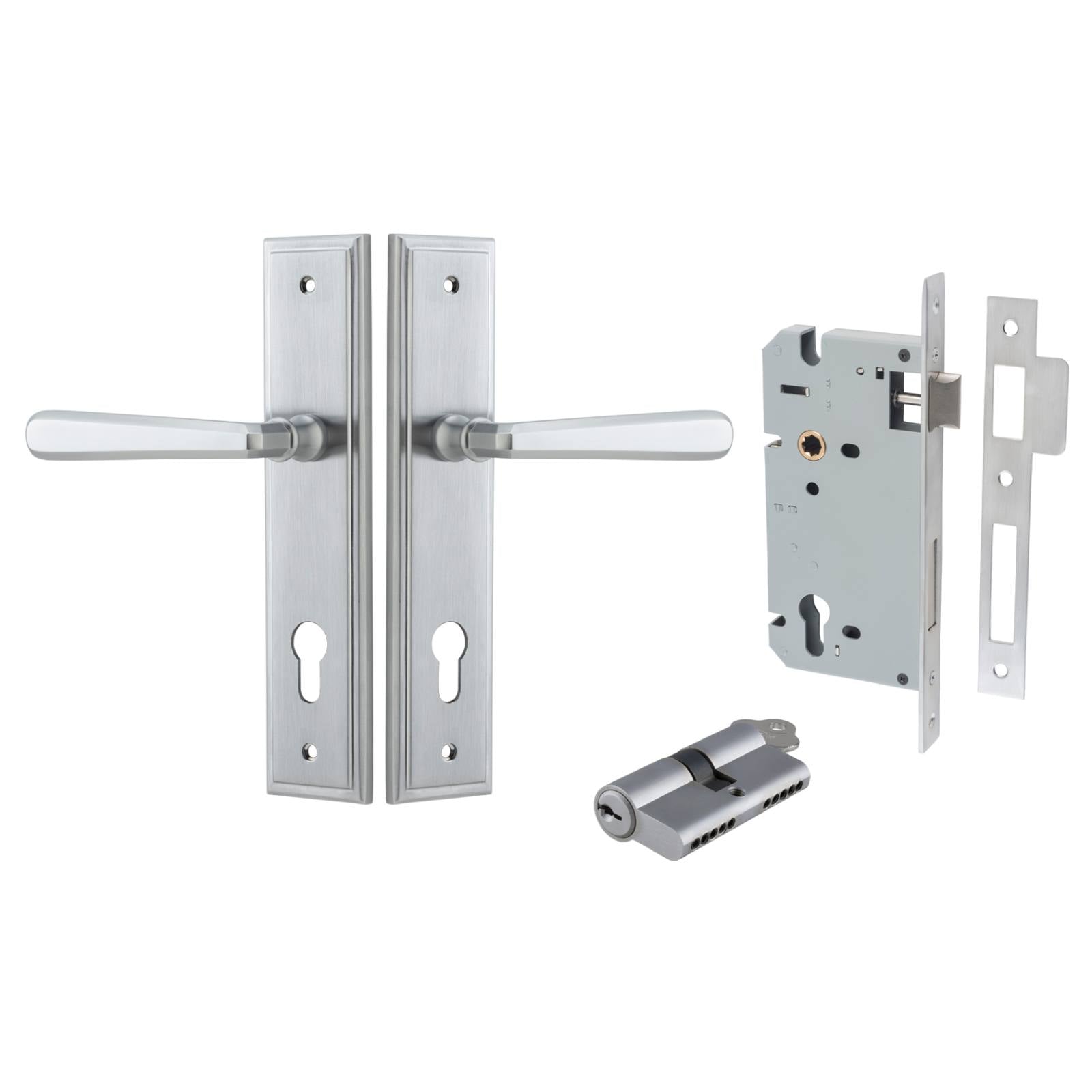 Copenhagen Lever Stepped Backplate Entrance Kit w High Security Lock Brushed Chrome