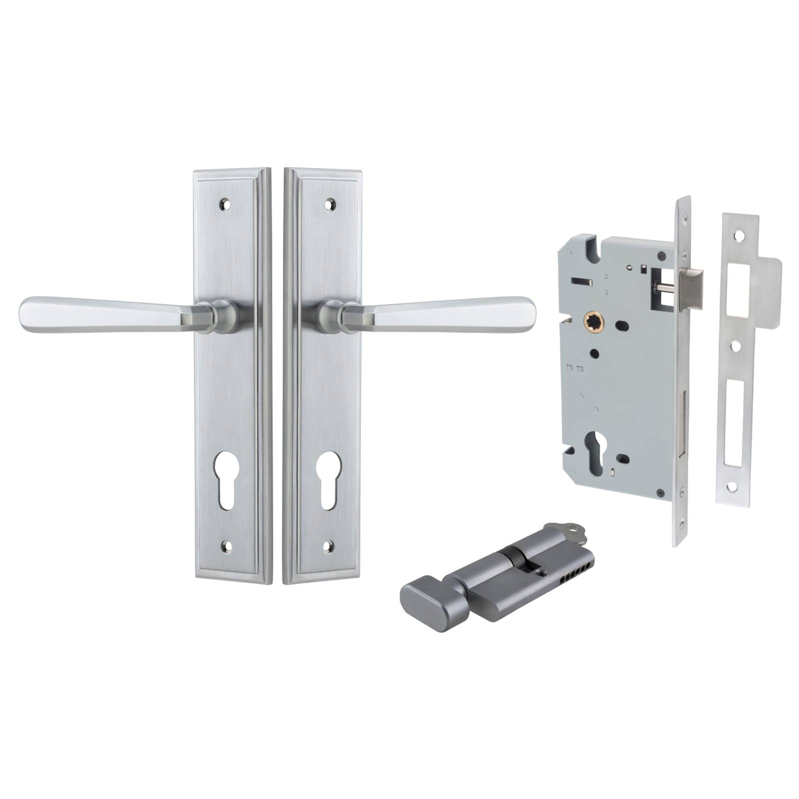 Copenhagen Lever Stepped Backplate Entrance Kit w High Security Lock Brushed Chrome