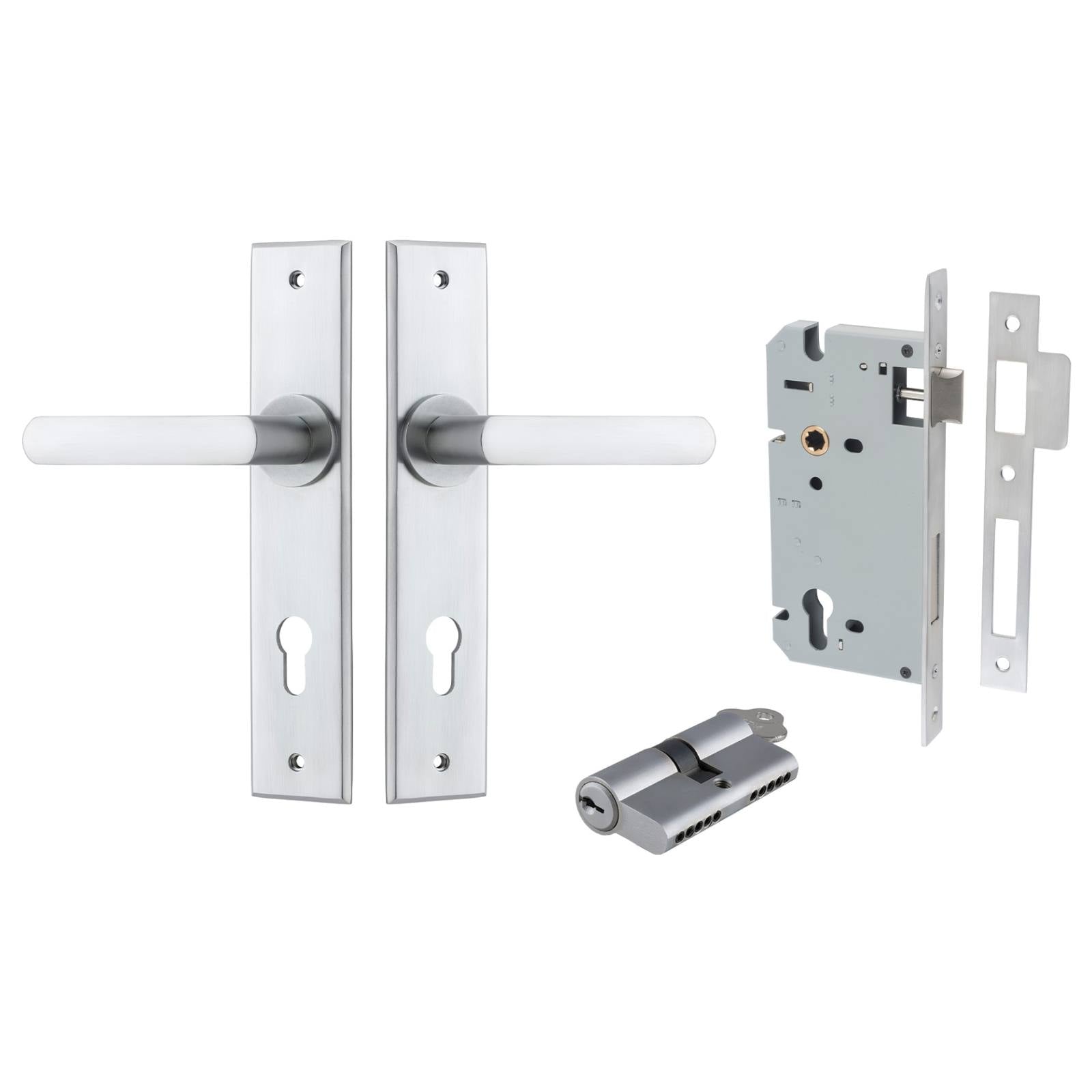 Copenhagen Lever Chamfered Backplate Entrance Kit w High Security Lock Brushed Chrome