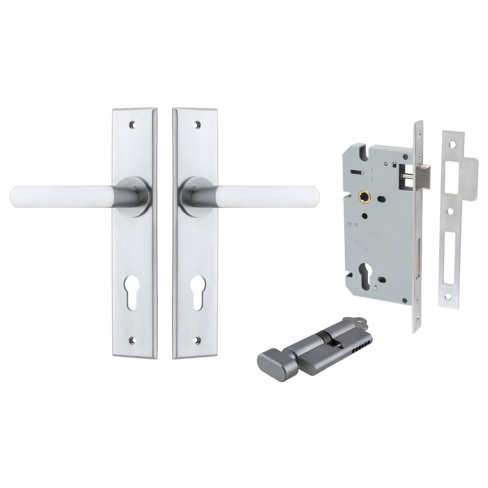 Copenhagen Lever Chamfered Backplate Entrance Kit w High Security Lock Brushed Chrome