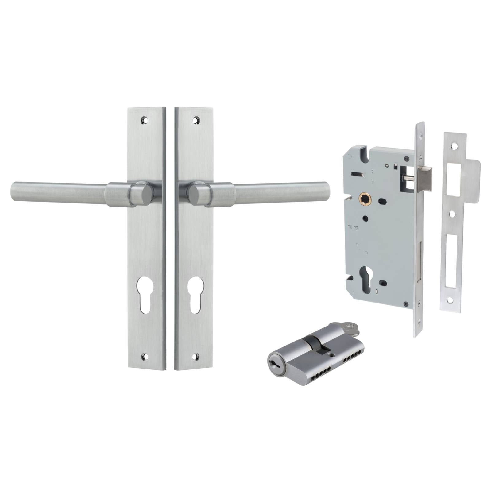 Helsinki Lever Rectangular Backplate Entrance Kit w High Security Lock Brushed Chrome