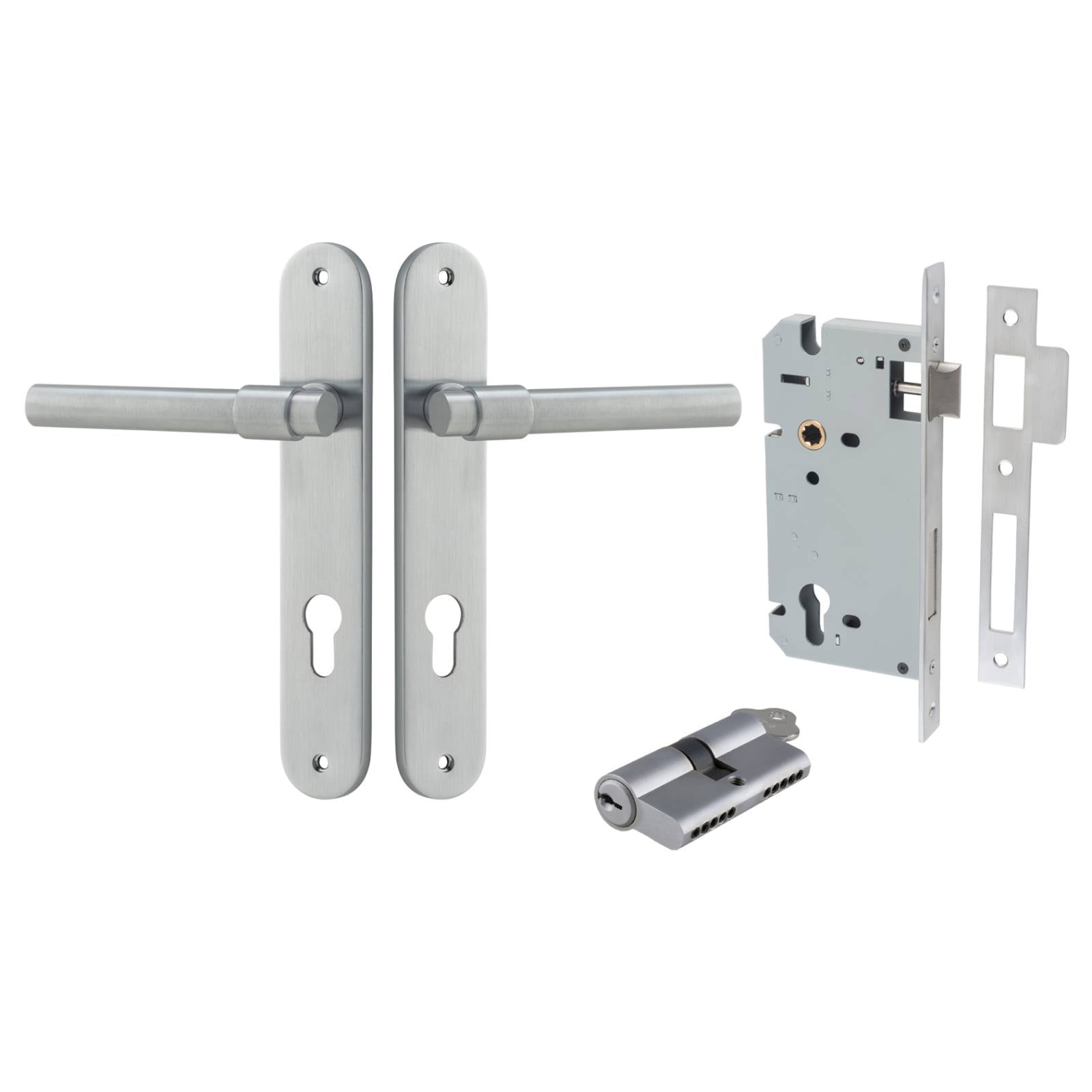 Helsinki Lever Oval Backplate Entrance Kit w High Security Lock Brushed Chrome