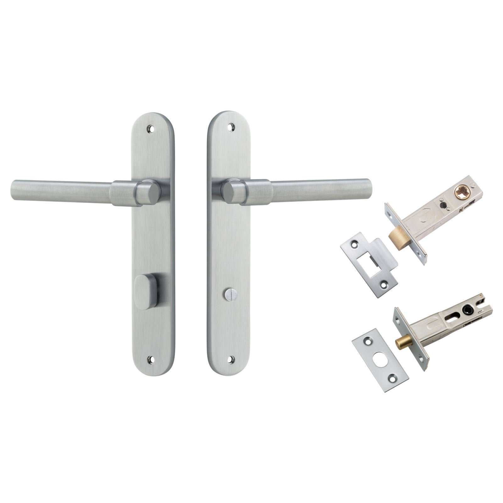 Helsinki Lever Oval Backplate Privacy Kit w Privacy Turn Brushed Chrome