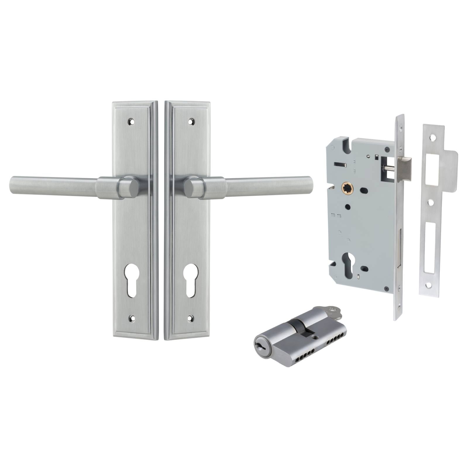 Helsinki Lever Stepped Backplate Entrance Kit w High Security Lock Brushed Chrome