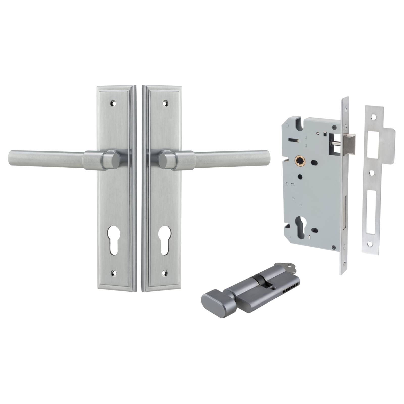 Helsinki Lever Stepped Backplate Entrance Kit w High Security Lock Brushed Chrome