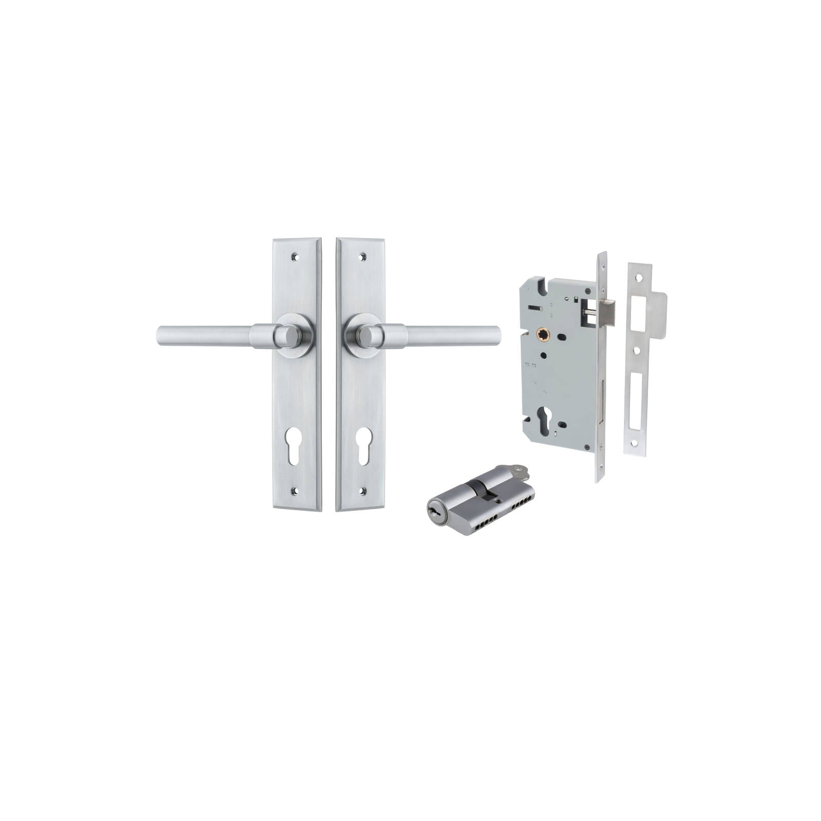 Helsinki Lever Chamfered Backplate Entrance Kit w High Security Lock Brushed Chrome