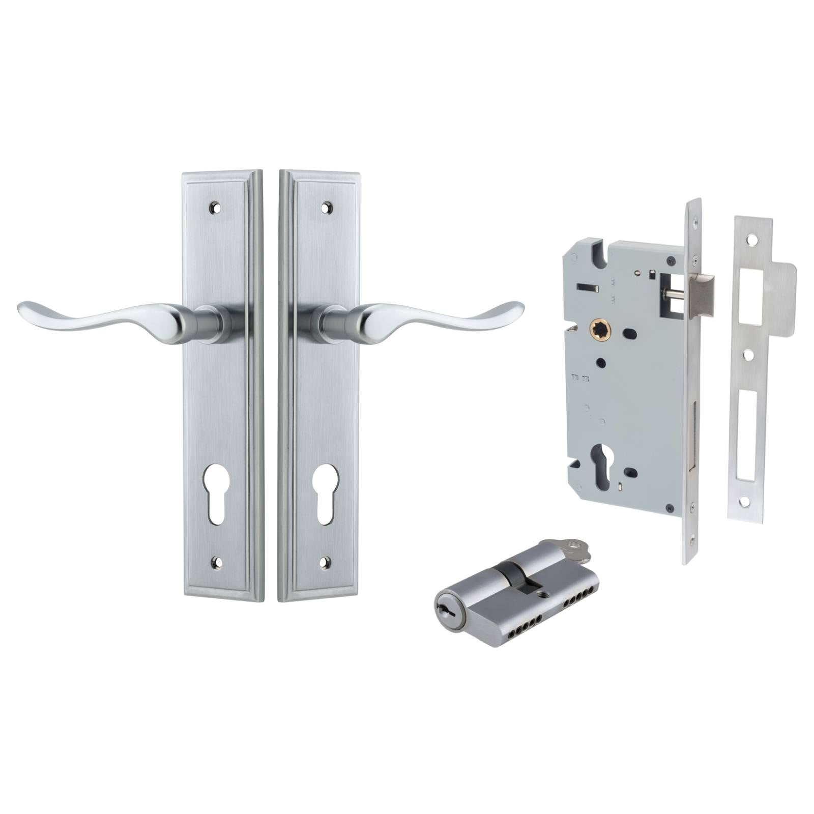 Stirling Lever Stepped Backplate Entrance Kit w High Security Lock Brushed Chrome