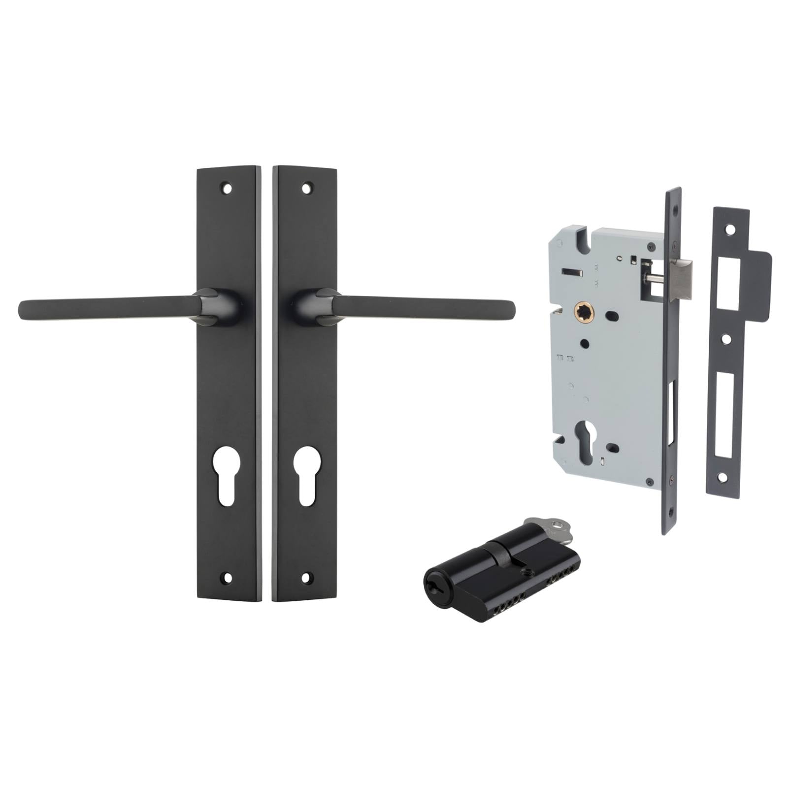 Baltimore Lever Rectangular Backplate Entrance Kit w High Security Lock Matt Black