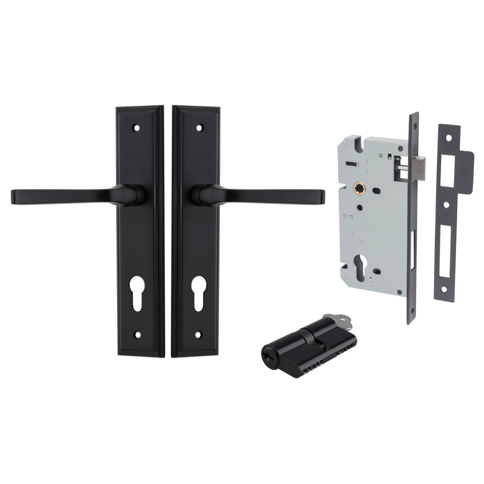 Annecy Lever Stepped Backplate Entrance Kit w High Security Lock Matt Black