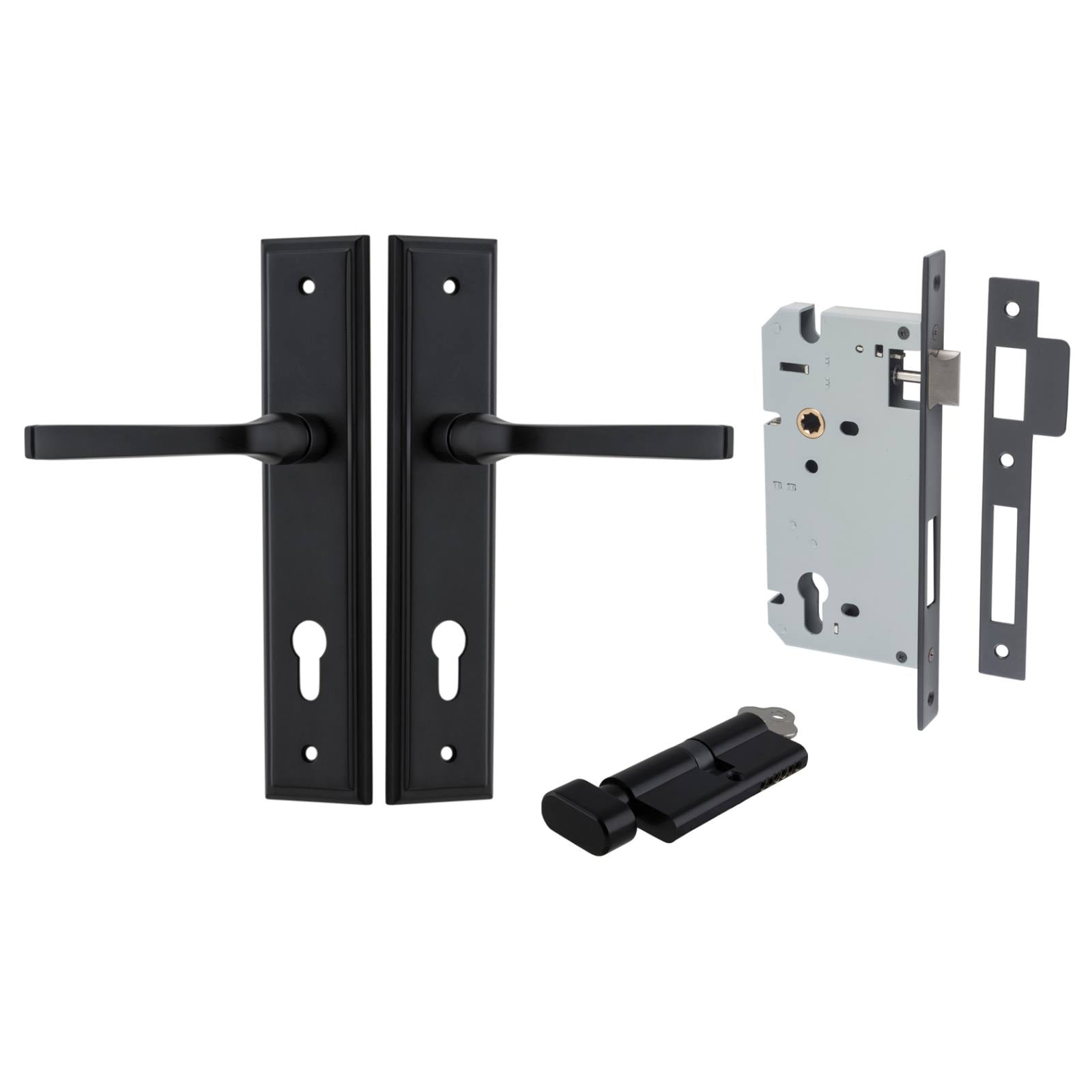 Annecy Lever Stepped Backplate Entrance Kit w High Security Lock Matt Black