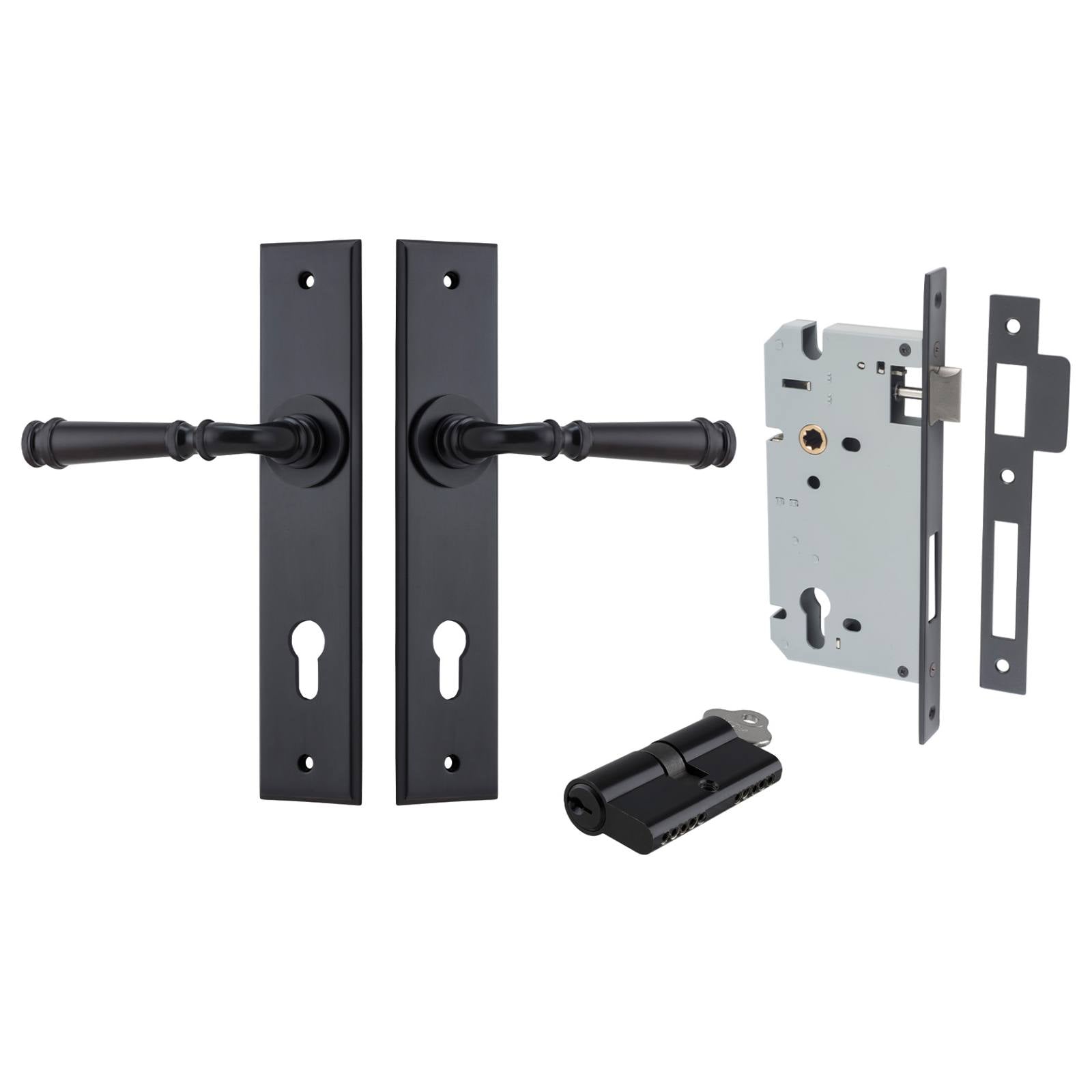 Verona Lever Chamfered Backplate Entrance Kit w High Security Lock Matt Black