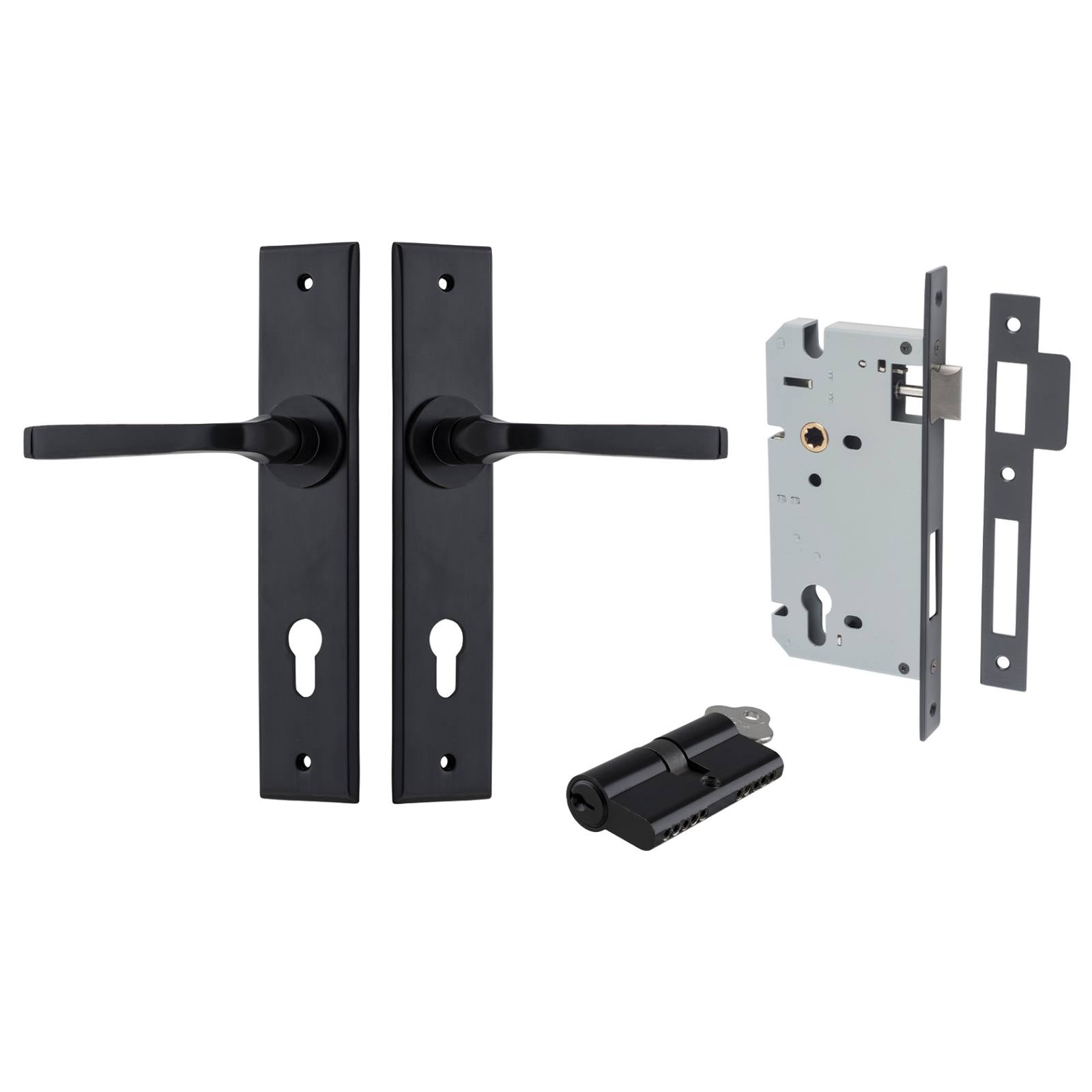 Annecy Lever Chamfered Backplate Entrance Kit w High Security Lock Matt Black