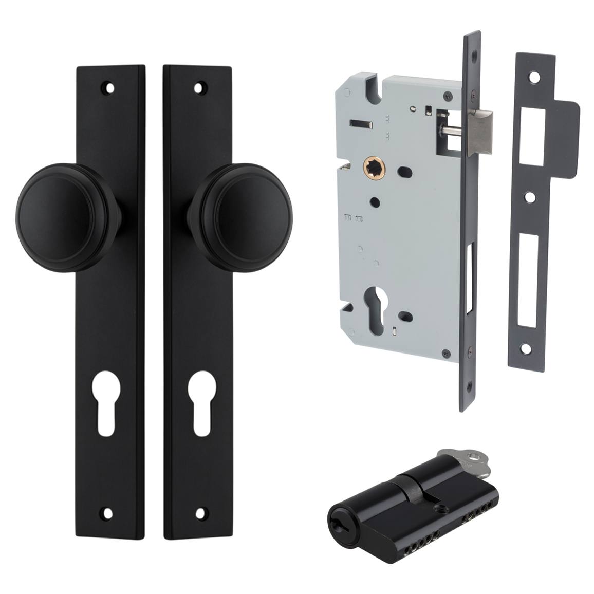 Paddington Knob Rectangular Backplate Entrance Kit w High Security Lock Matt Black