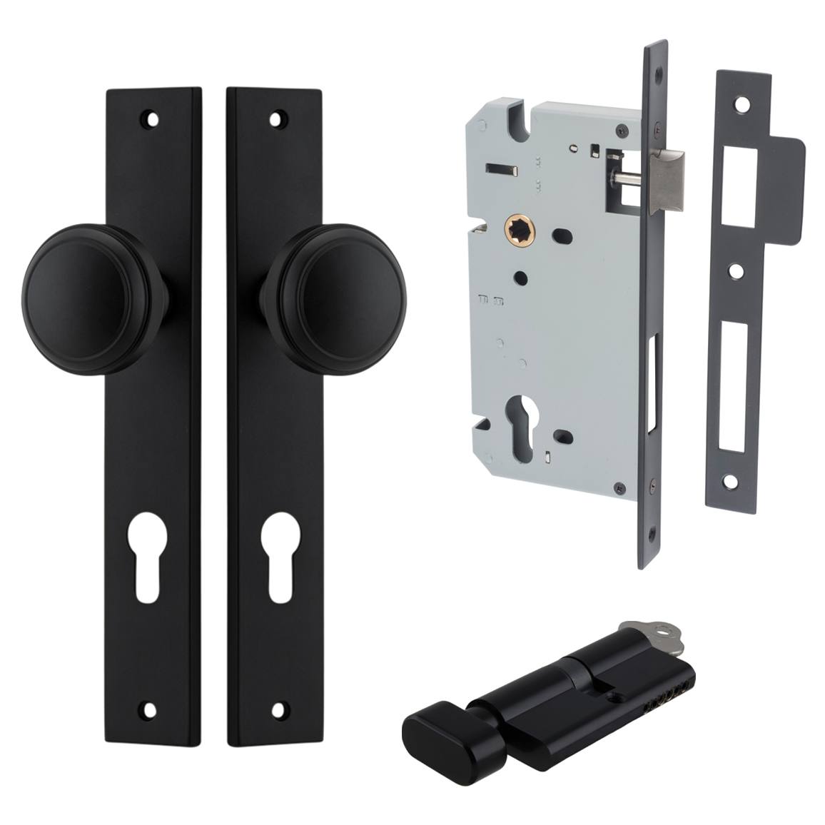 Paddington Knob Rectangular Backplate Entrance Kit w High Security Lock Matt Black
