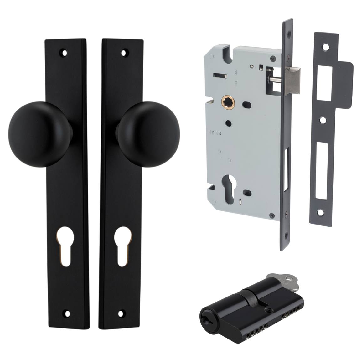 Cambridge Knob Rectangular Backplate Entrance Kit w High Security Lock Matt Black
