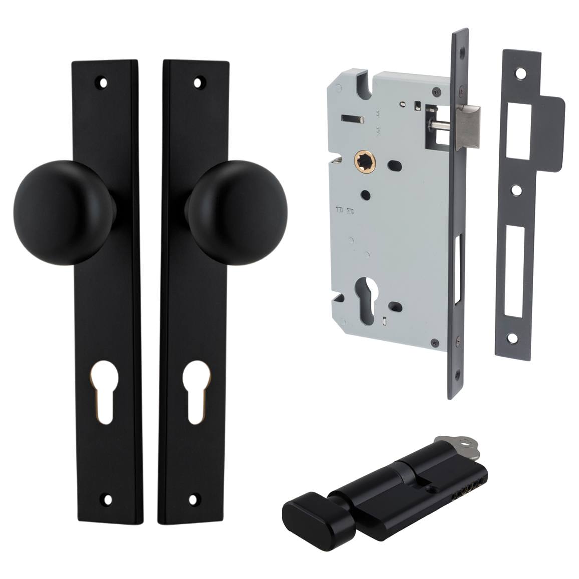 Cambridge Knob Rectangular Backplate Entrance Kit w High Security Lock Matt Black