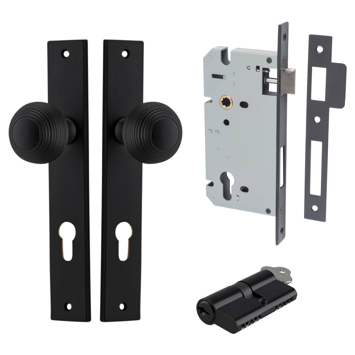 Guildford Knob Rectangular Backplate Entrance Kit w High Security Lock Matt Black