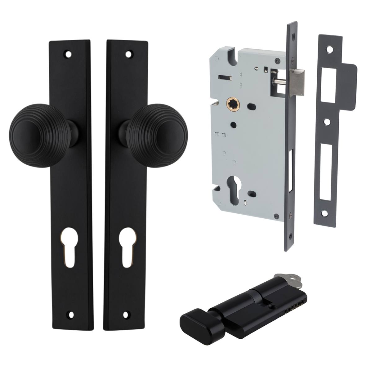 Guildford Knob Rectangular Backplate Entrance Kit w High Security Lock Matt Black