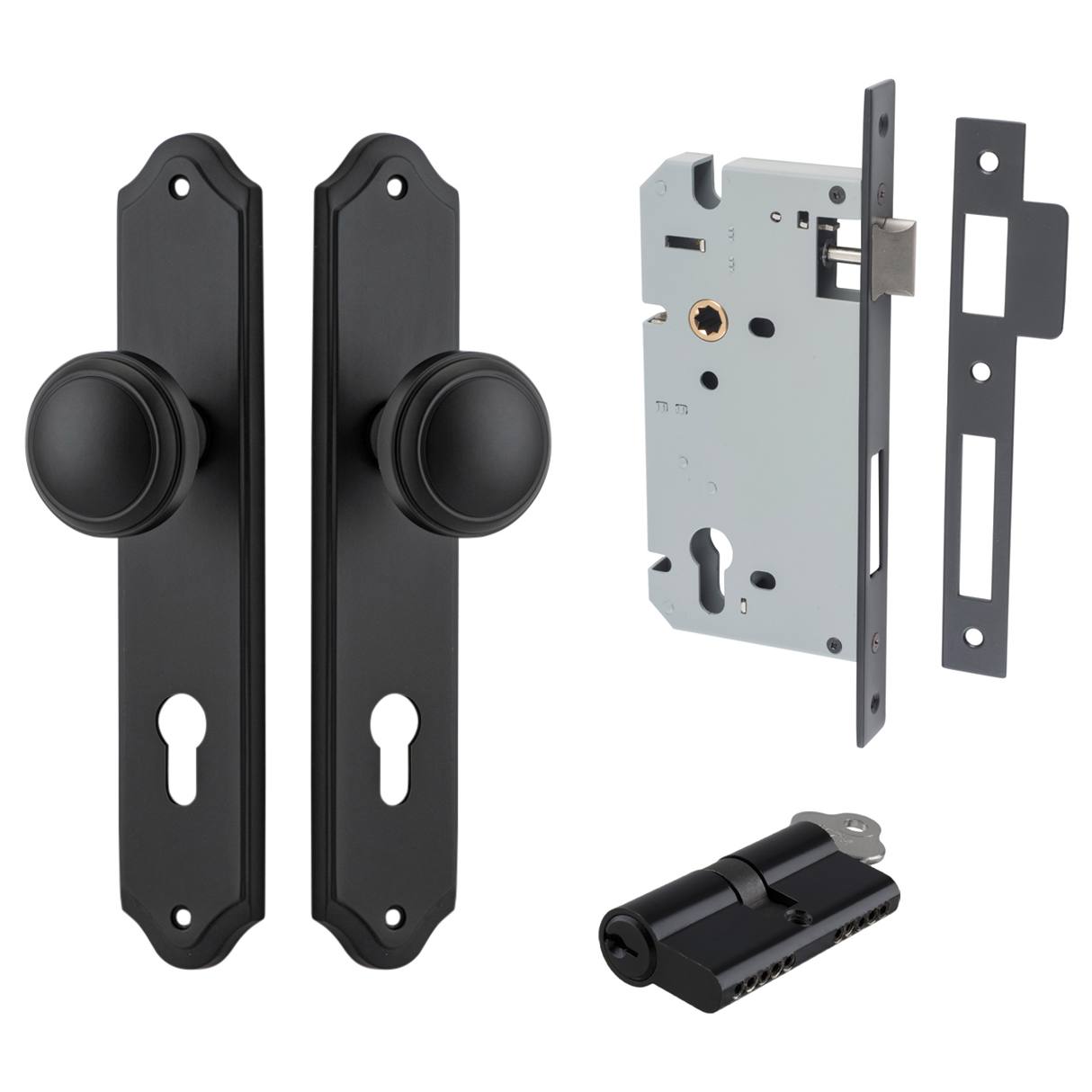 Paddington Knob Shouldered Backplate Entrance Kit w High Security Lock Matt Black