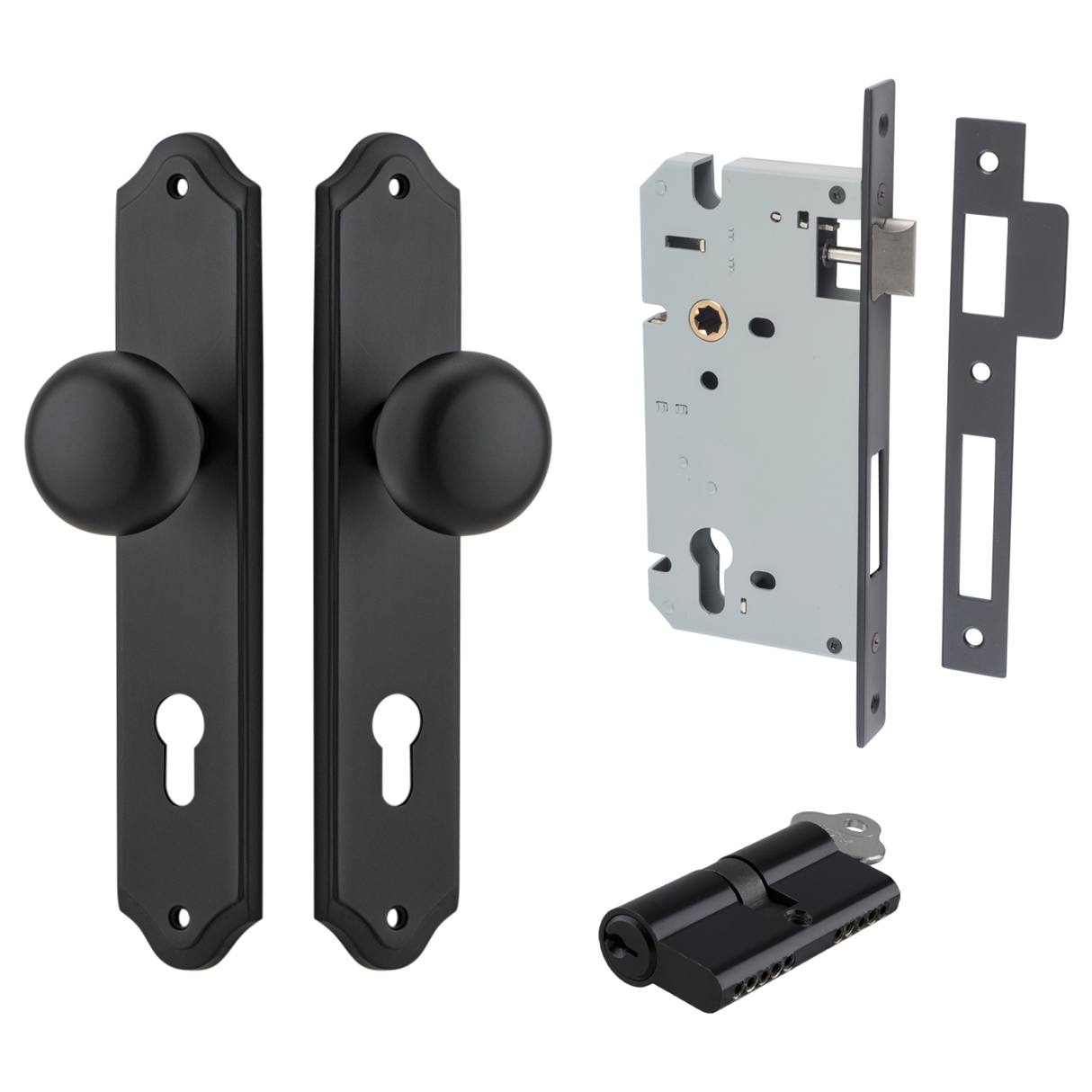 Cambridge Knob Shouldered Backplate Entrance Kit w High Security Lock Matt Black