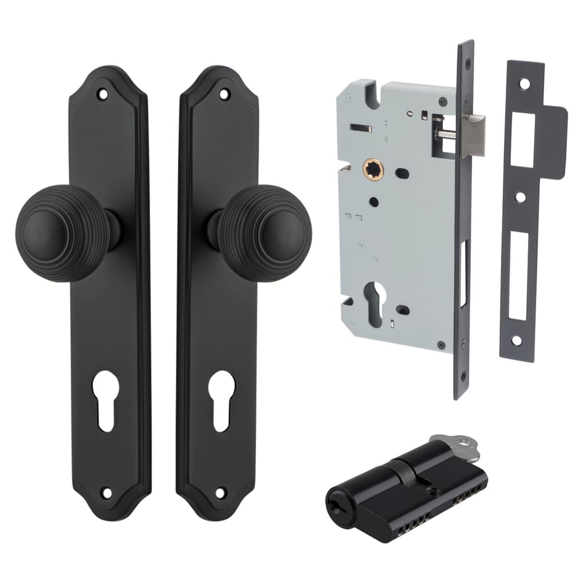 Guildford Knob Shouldered Backplate Entrance Kit w High Security Lock Matt Black