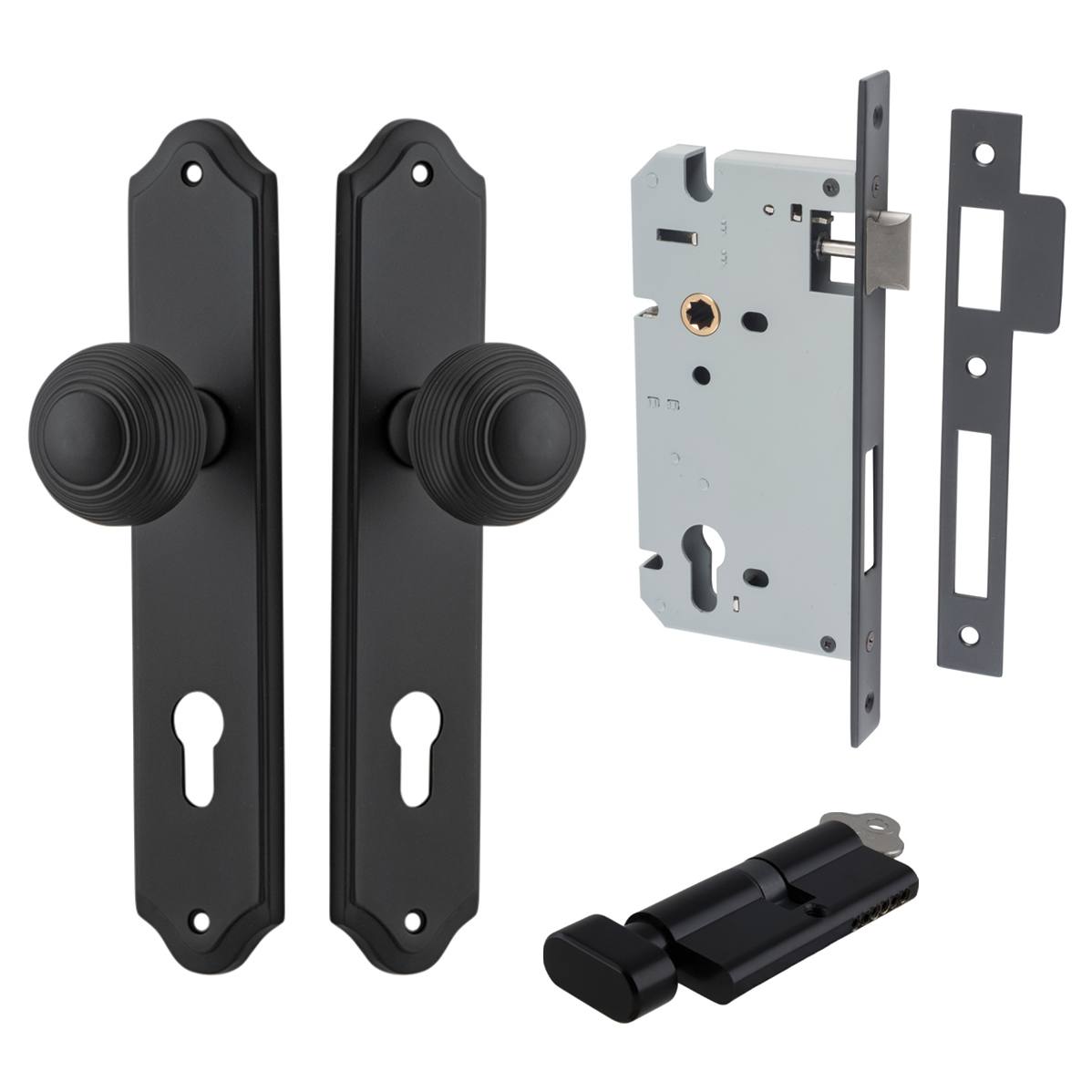 Guildford Knob Shouldered Backplate Entrance Kit w High Security Lock Matt Black