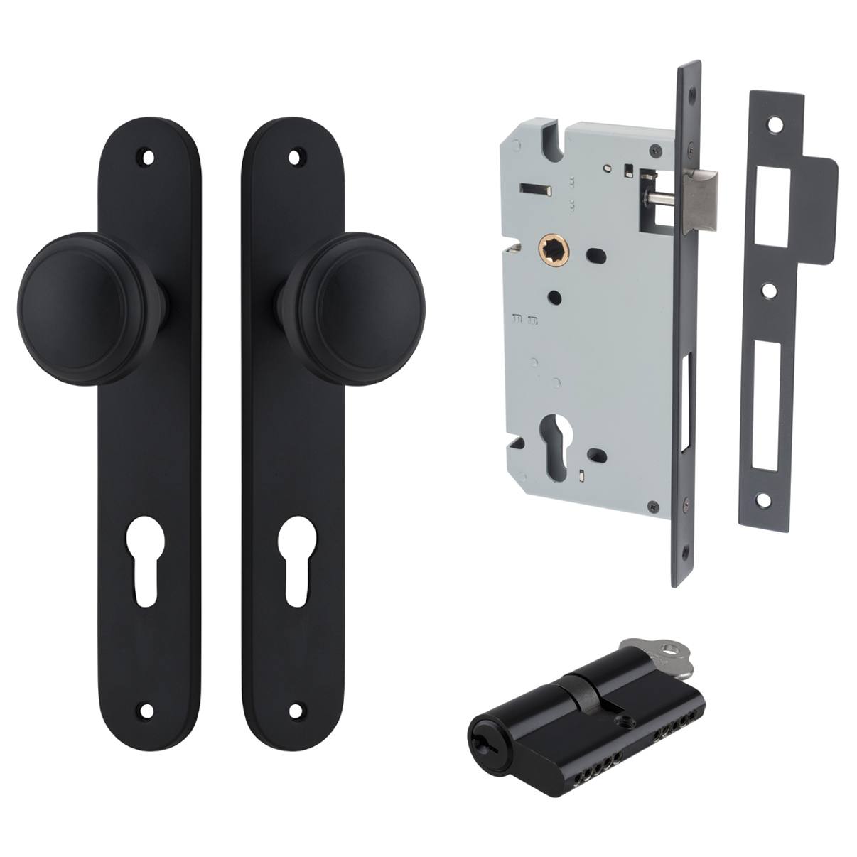 Paddington Knob Oval Backplate Entrance Kit w High Security Lock Matt Black