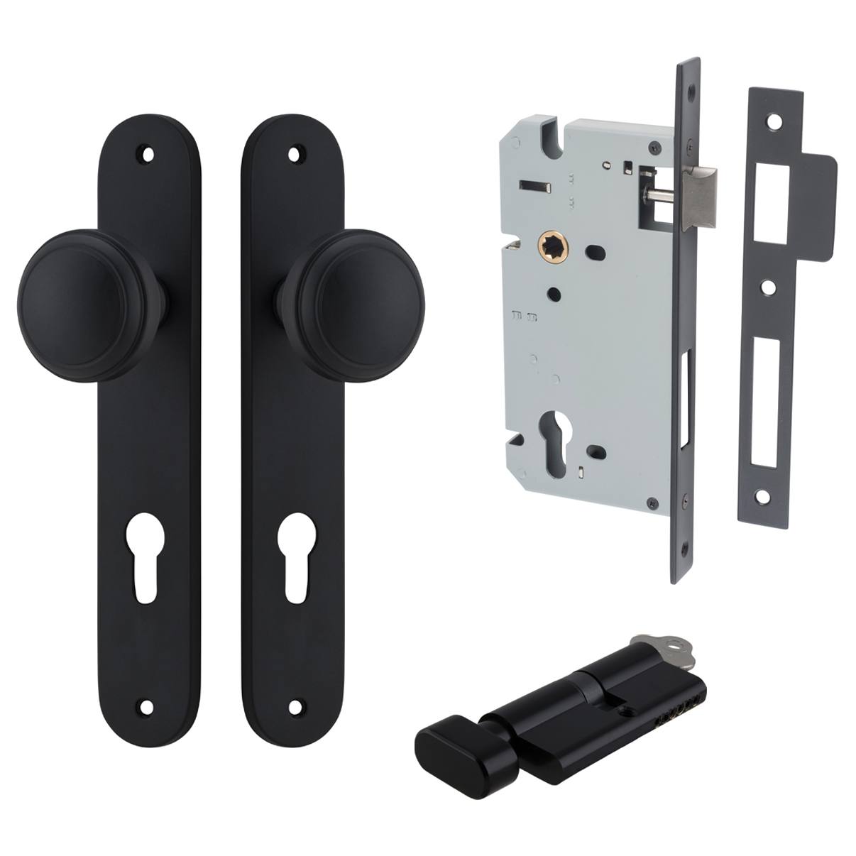 Paddington Knob Oval Backplate Entrance Kit w High Security Lock Matt Black