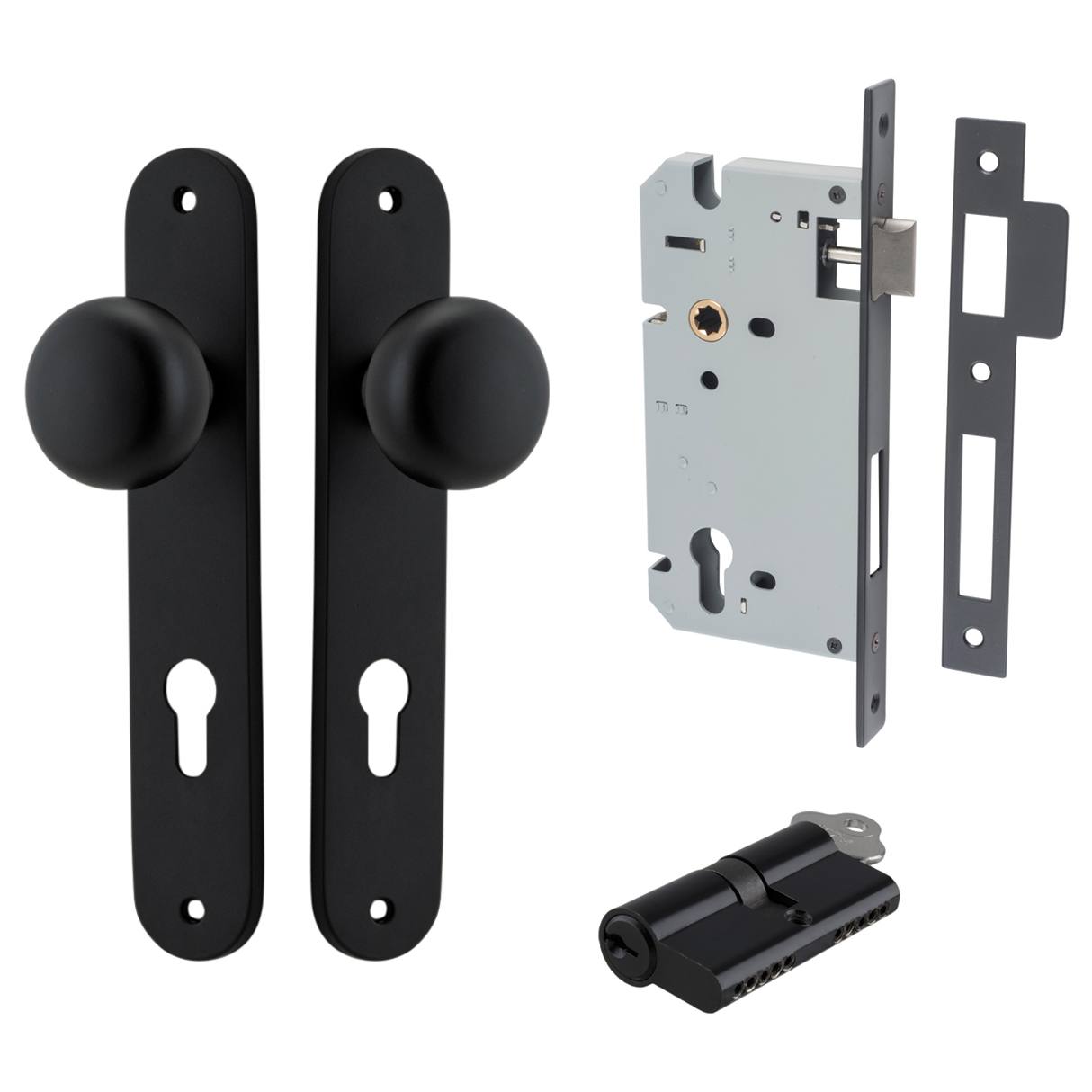 Cambridge Knob Oval Backplate Entrance Kit w High Security Lock Matt Black