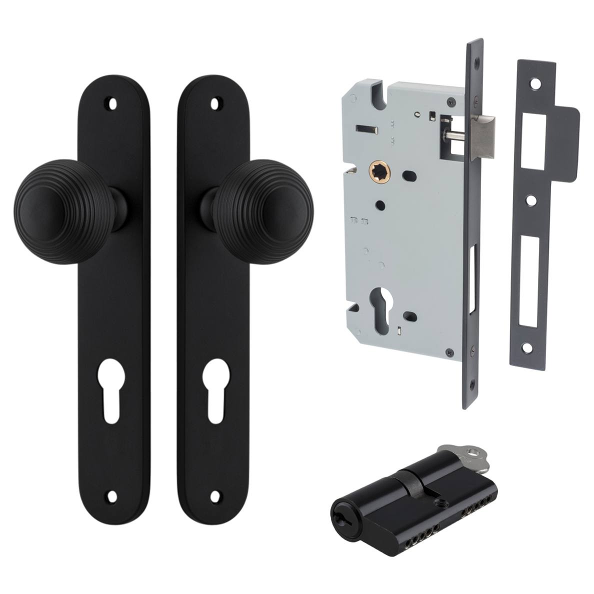 Guildford Knob Oval Backplate Entrance Kit w High Security Lock Matt Black