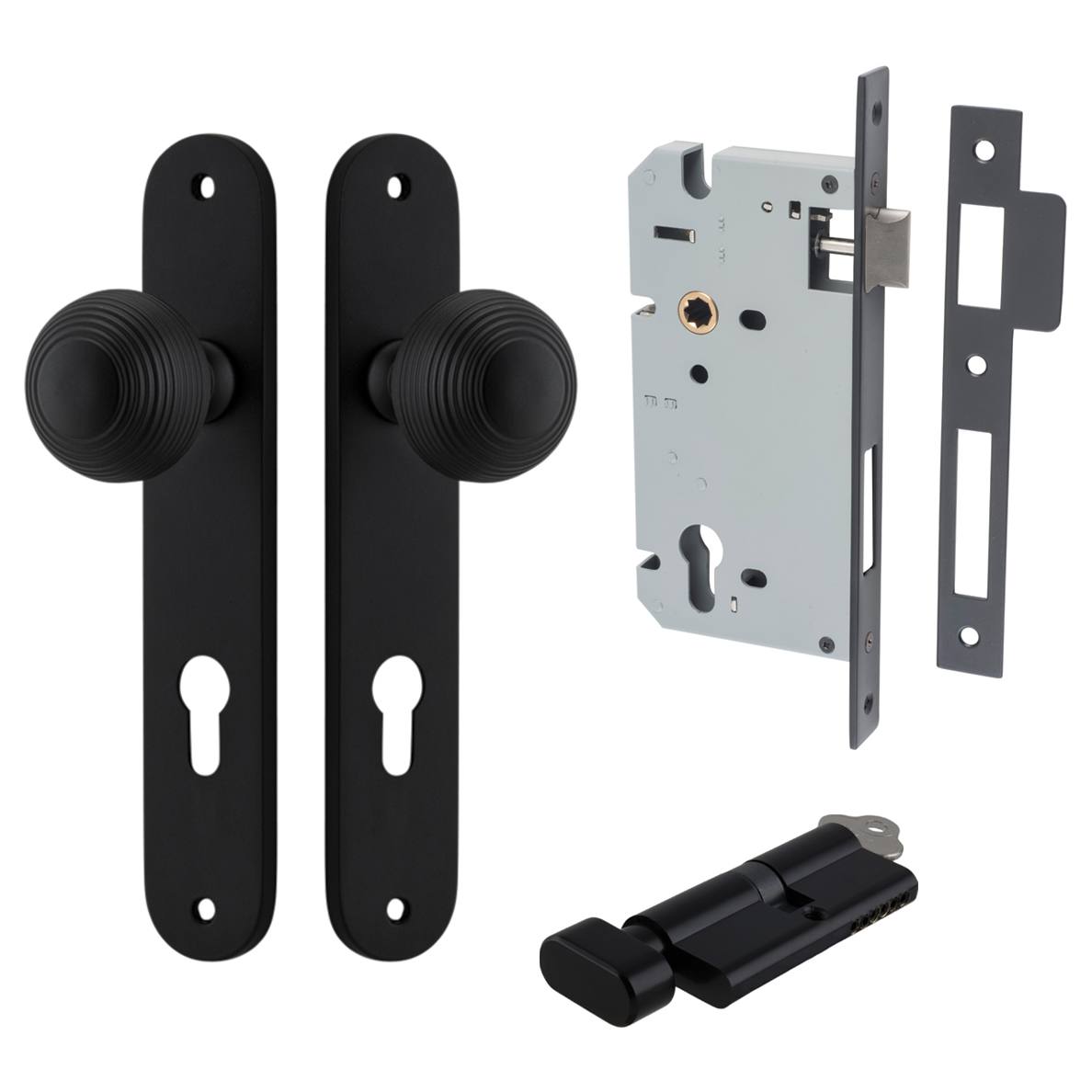 Guildford Knob Oval Backplate Entrance Kit w High Security Lock Matt Black
