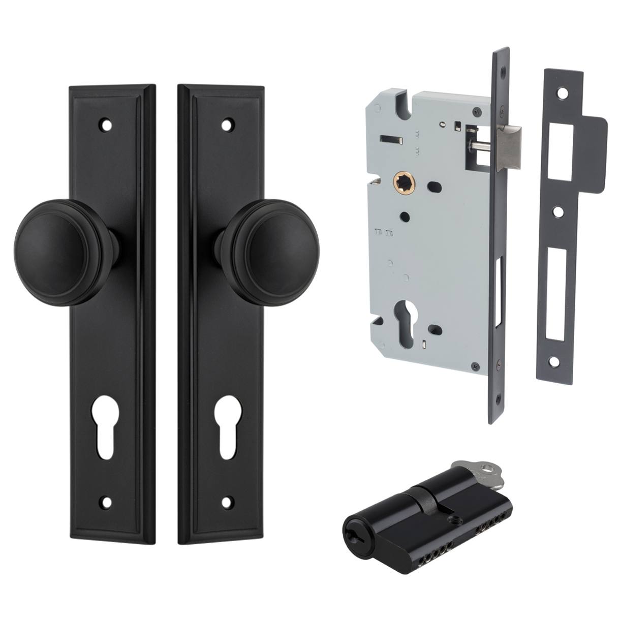 Paddington Knob Stepped Backplate Entrance Kit w High Security Lock Matt Black