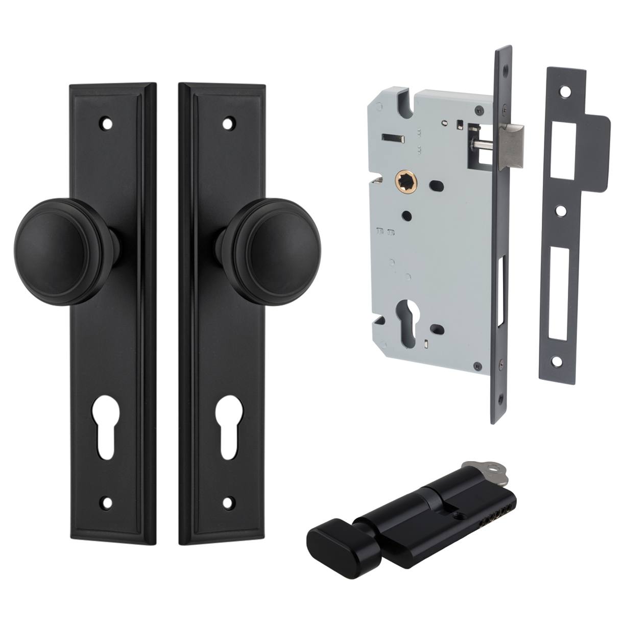 Paddington Knob Stepped Backplate Entrance Kit w High Security Lock Matt Black