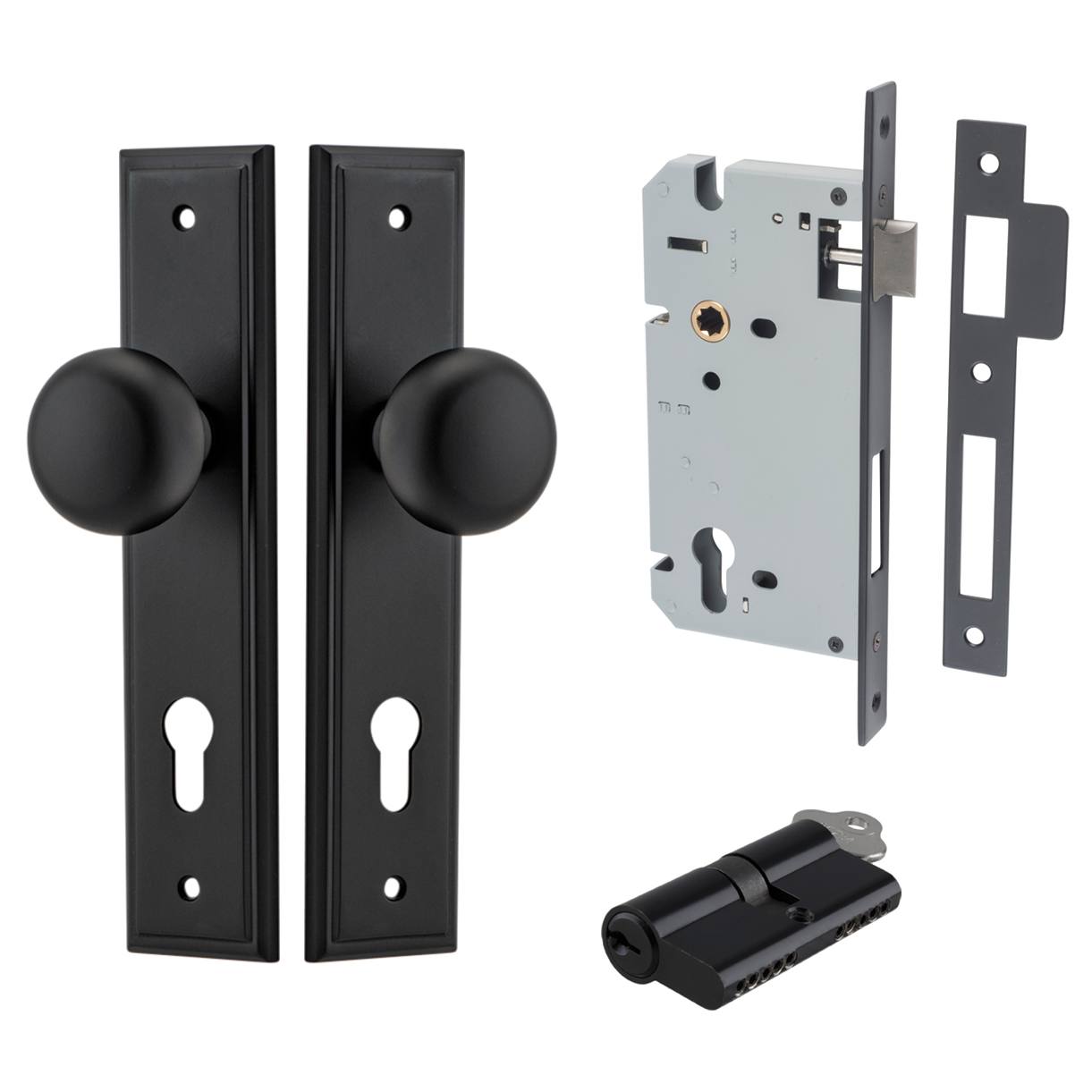 Cambridge Knob Stepped Backplate Entrance Kit w High Security Lock Matt Black