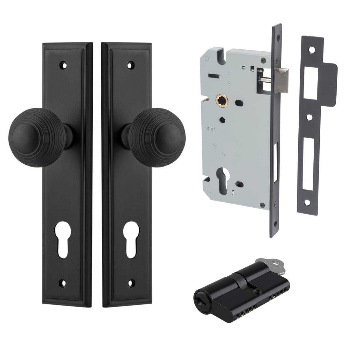 Guildford Knob Stepped Backplate Entrance Kit w High Security Lock Matt Black