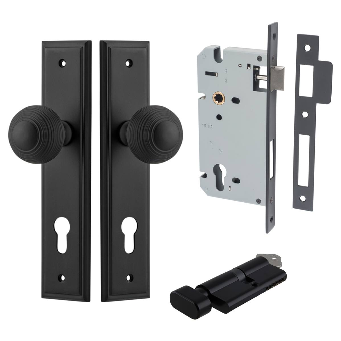 Guildford Knob Stepped Backplate Entrance Kit w High Security Lock Matt Black