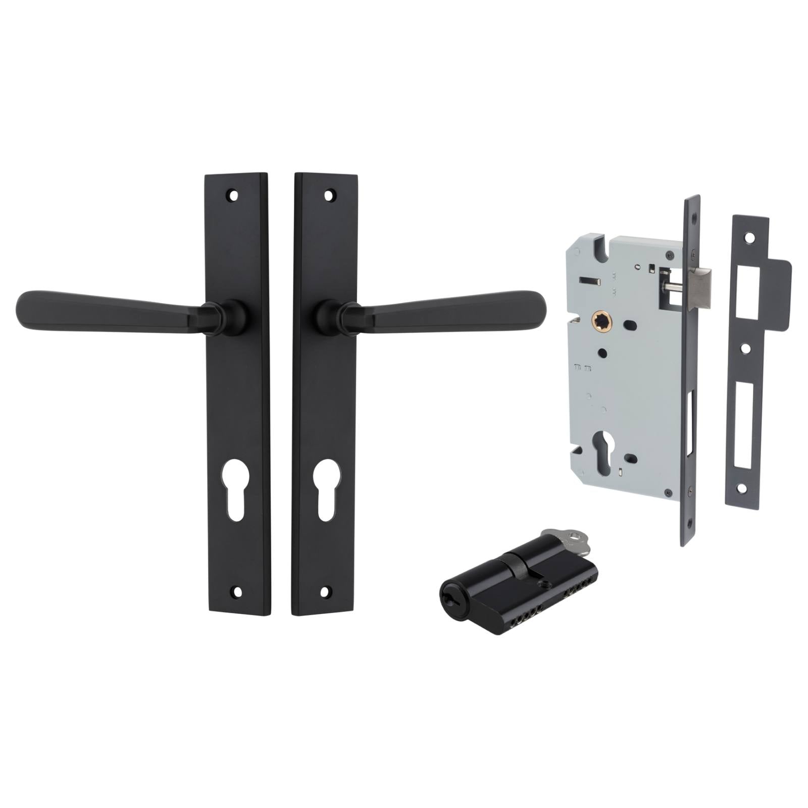 Copenhagen Lever Rectangular Backplate Entrance Kit w High Security Lock Matt Black